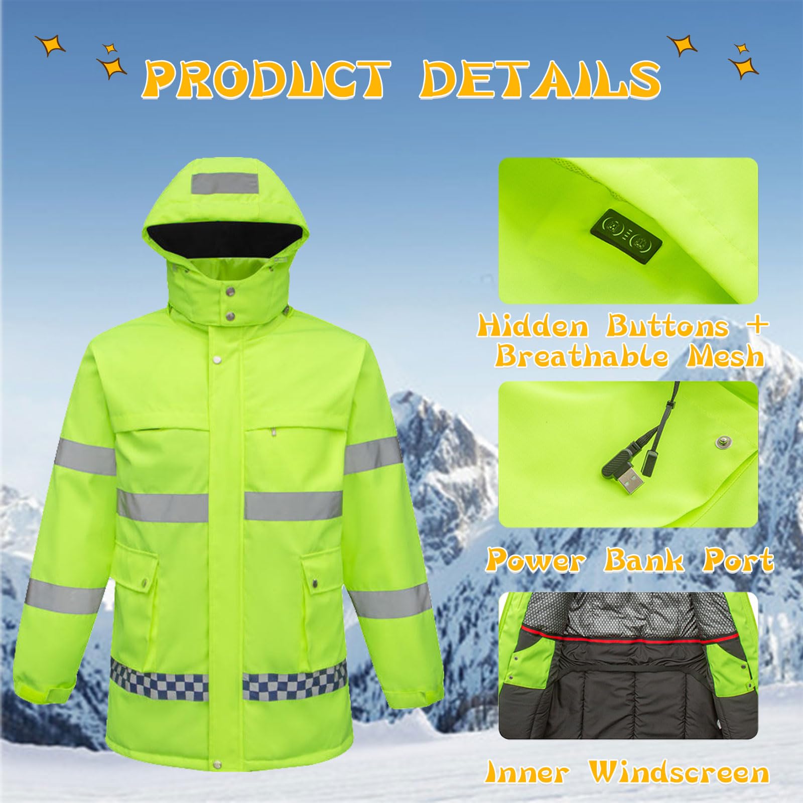 Chaqueta térmica Impermeable, Chaqueta calefactable, Chaqueta Reflectante, 8 Almohadillas térmicas, Chaqueta de Trabajo para Motociclismo, esquí y Actividades al Aire Libre.