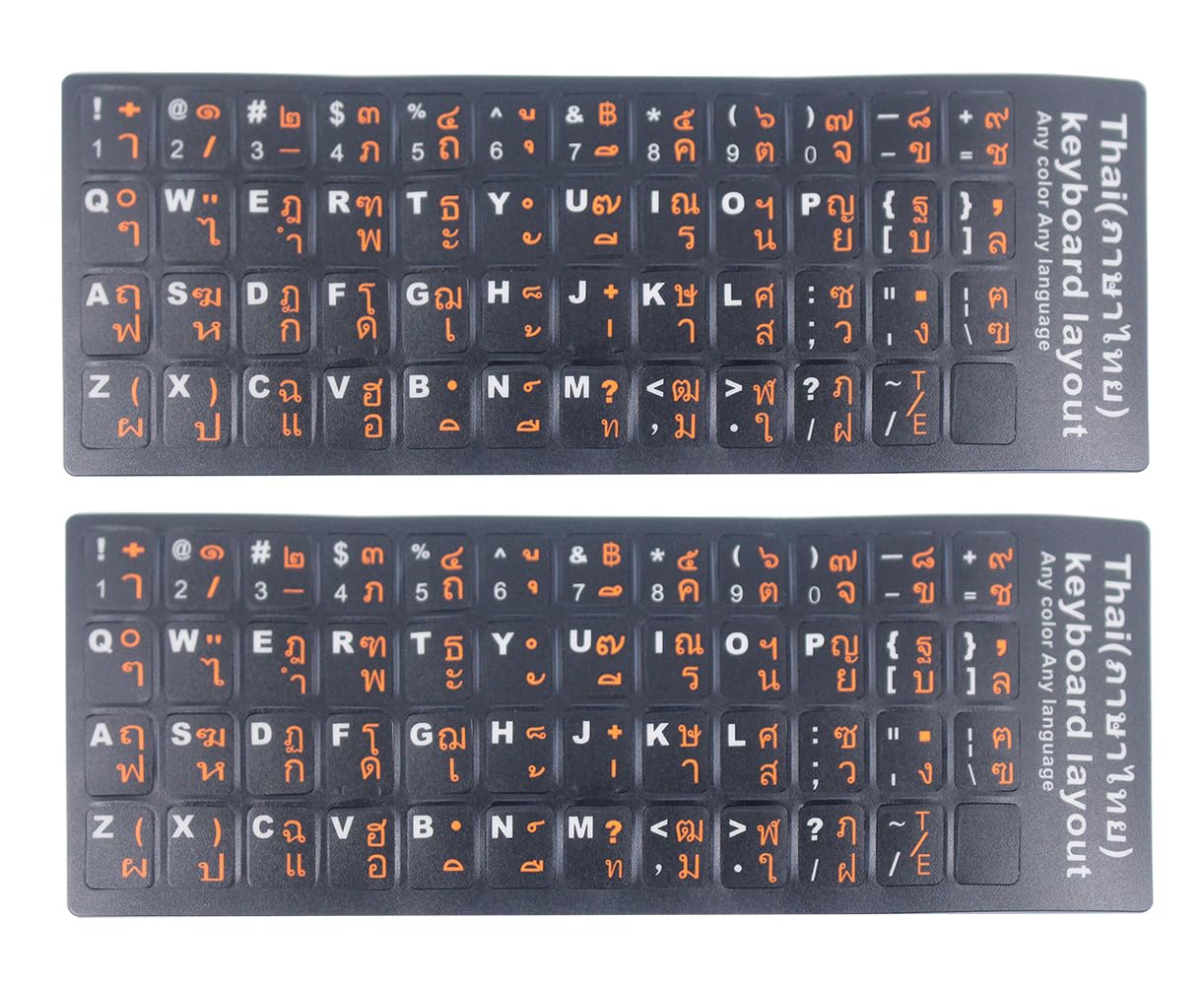 2PCS Matte Vinyl Thai Keyboard Stickers, Thai Letters Keyboard Replacement Sticker with White & Orange Font on Black Background for Universal PC,