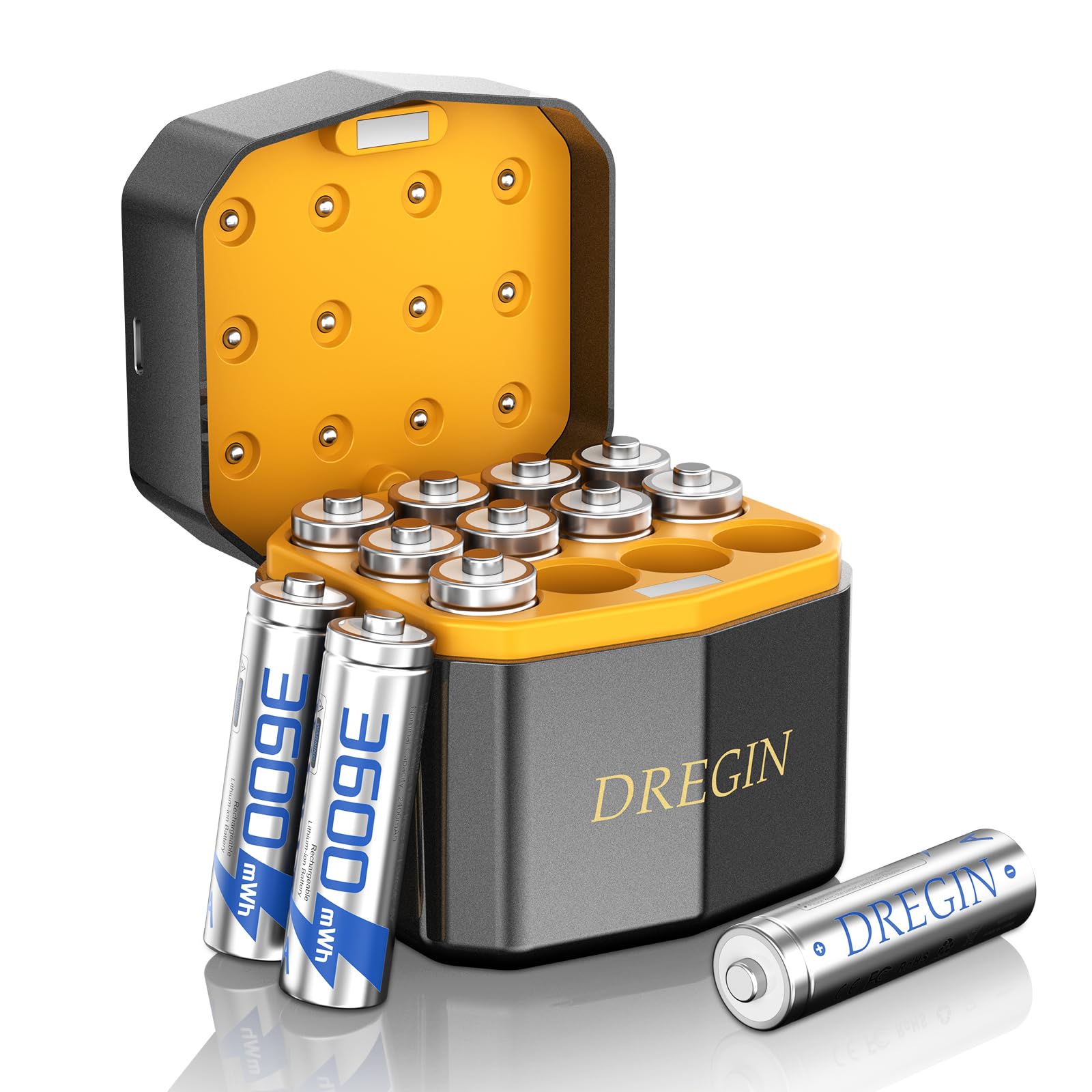 Lot de 12 piles au lithium AA rechargeables avec chargeur, 1,5 V 3600 mWh, haute capacité, 2000 cycles, longue durée de vie, avec boîte de rangement de charge, argentées