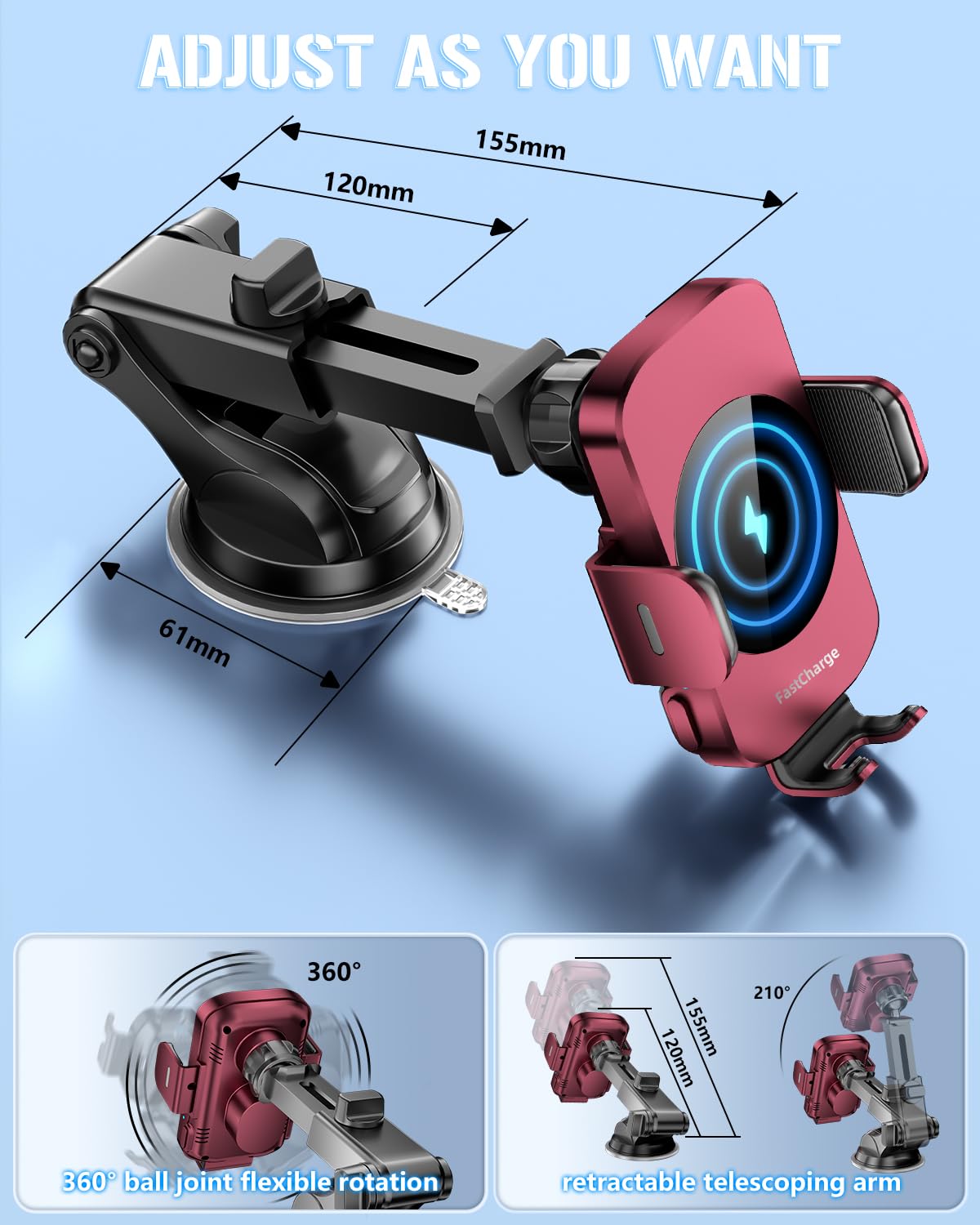 BothLin Caricabatterie da auto wireless, supporto per telefono a ricarica rapida 3 in 1, supporto per telefono con bloccaggio automatico, accessori per auto, compatibile con iPhone 17 16 15 14 13 12