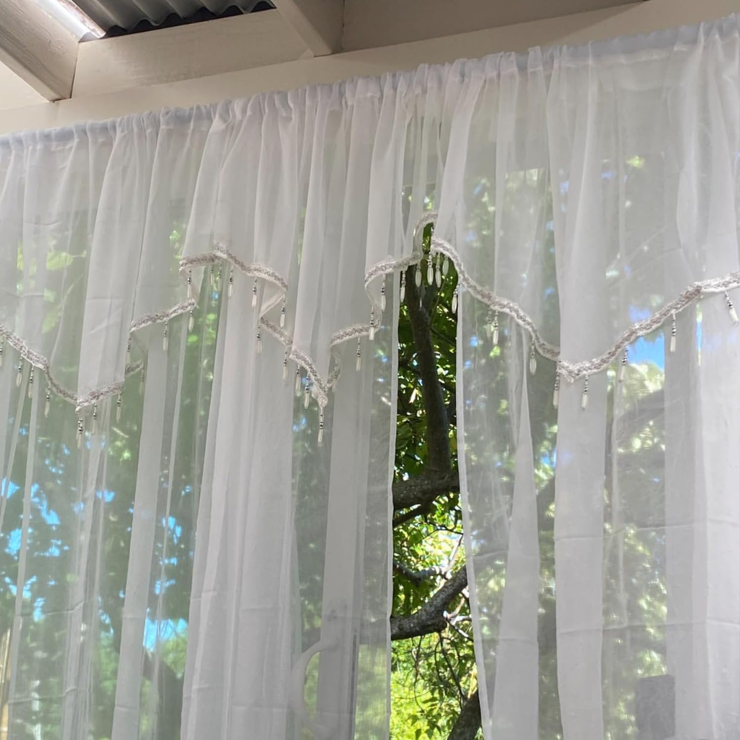 Molaxhome Lace Valance Swag Curtain 51 Inch Scalloped Sheer Curtain Panels with Crystal Beads - Image 4