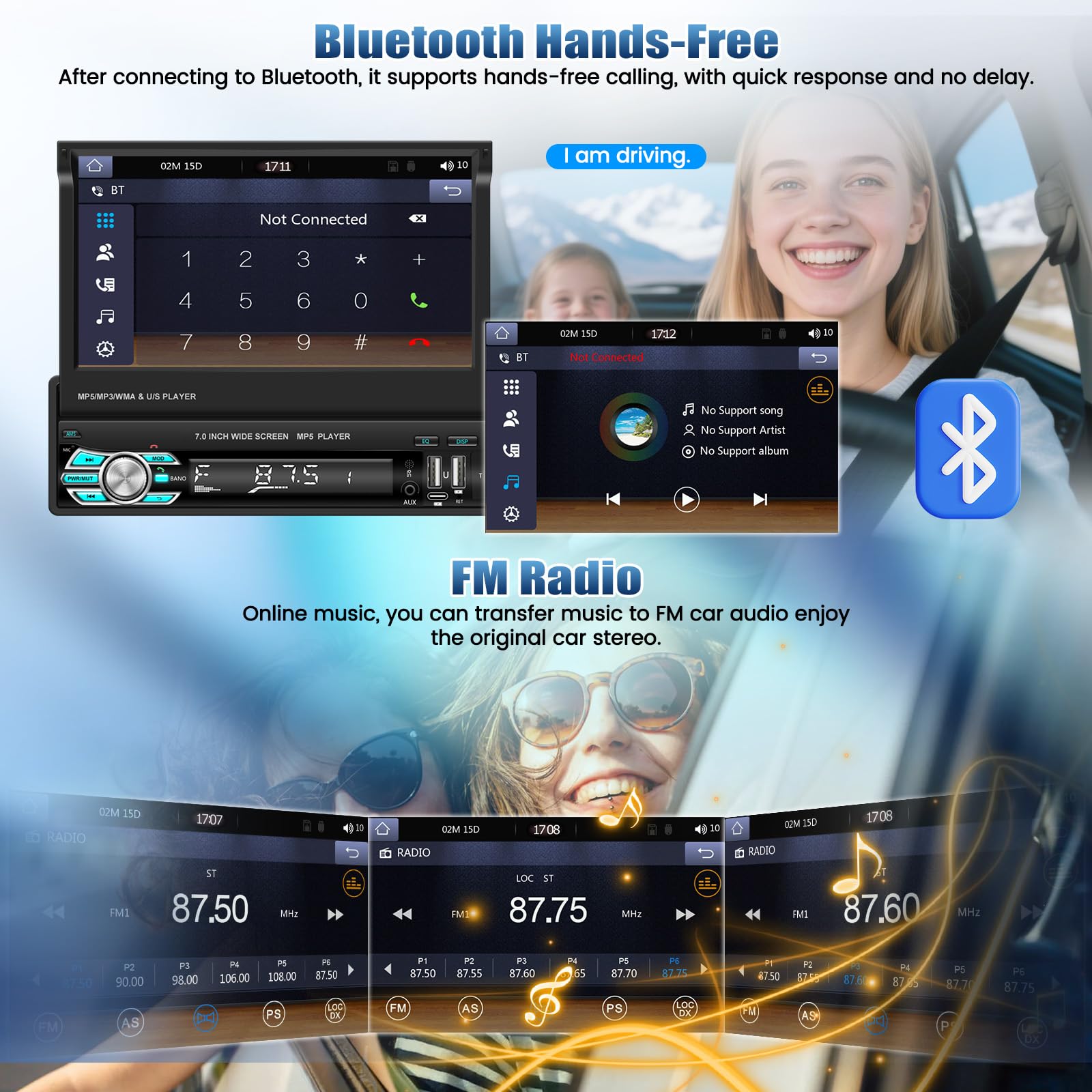 1DIN Autoradio avec Écran Rabattable et Carplay et Android Auto sans Fil, Autoradio 1 DIN à Écran Tactile 7 Pouces avec Bluetooth/SWC/USB/FM + Caméra de Recul + Microphone