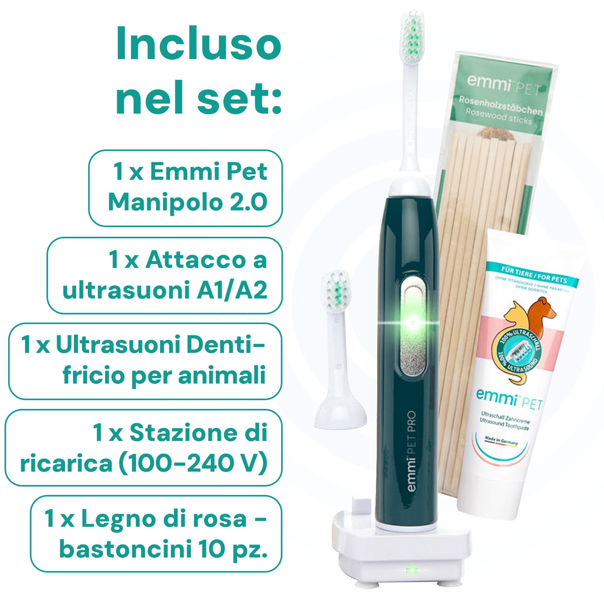 emmi-pet PRO Spazzolino da denti ad ultrasuoni per cani – Spazzolino da denti per cani e gatti senza strofinare con 96 milioni di vibrazioni, durata della batteria 12 giorni – contro l'infiammazione