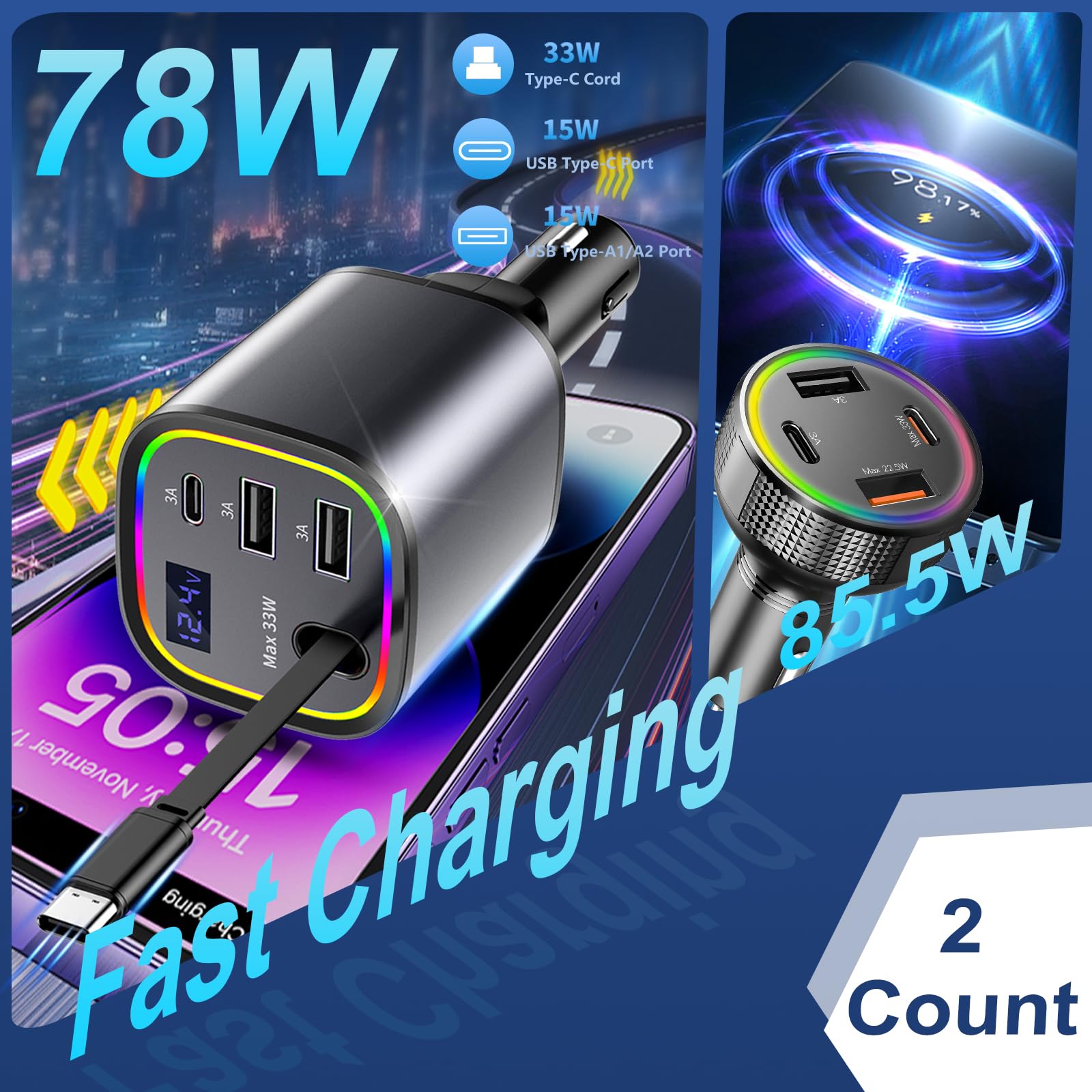USB C Car Charger, 78W Retractable Car Charger and 4 Ports PD 30W Fast Charging Cigarette Lighter Adapter with Light for iPhone 16 15 14 13 iPad Android, Car Accessories Gift