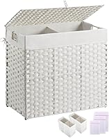 Vista 15 de Greenstell Cesta para la ropa sucia con 2 bolsas de forro extraíbles, cesta para ropa dividida de 90L, cesta de lavandería plegable de ratán Blanco