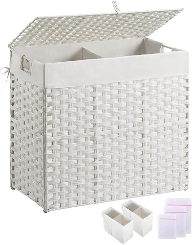 Miniatura 15 de Greenstell Cesta para la ropa sucia con 2 bolsas de forro extraíbles, cesta para ropa dividida de 90L, cesta de lavandería plegable de ratán Blanco