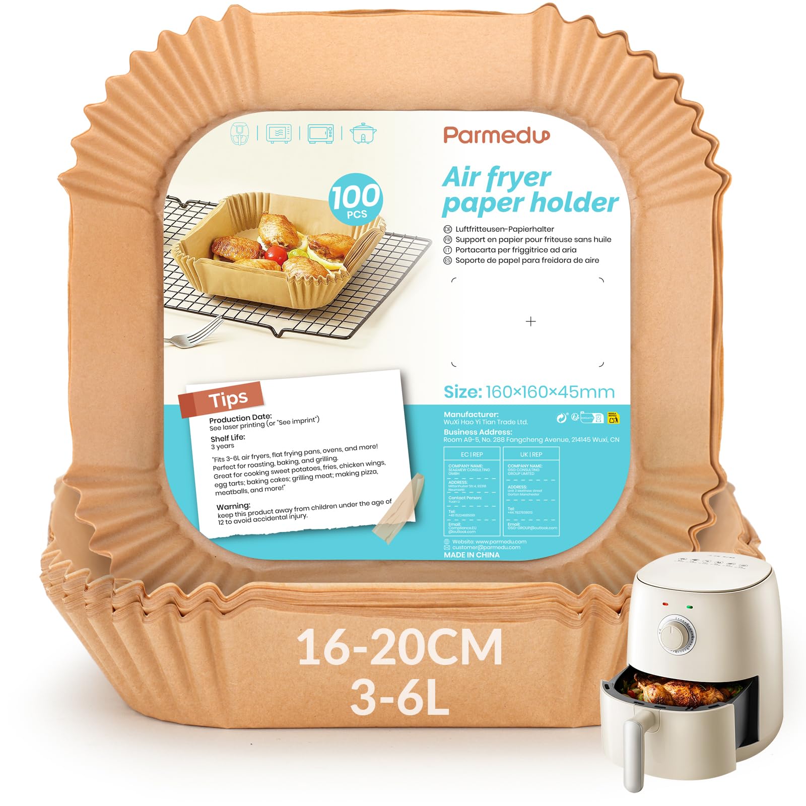 Parmedu Papel Freidora Aire, Air Fryer, 100 Unidades, 16-20 cm, BPA Free, Desechable, para Horno, Accesorios para Freidora sin Aceite de 3 a 6 litros (16-20 cm, Cuadrado)