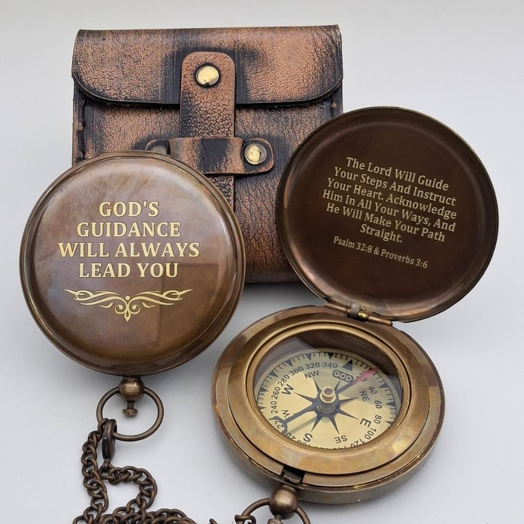God’s Guidance Engraved Brass Pocket Compass with Leather Case – Christian Inspirational Gift for Men & Women – Psalm 32:8 Proverbs 3:6 Scripture Compass – Graduation, Baptism, Confirmation Gift