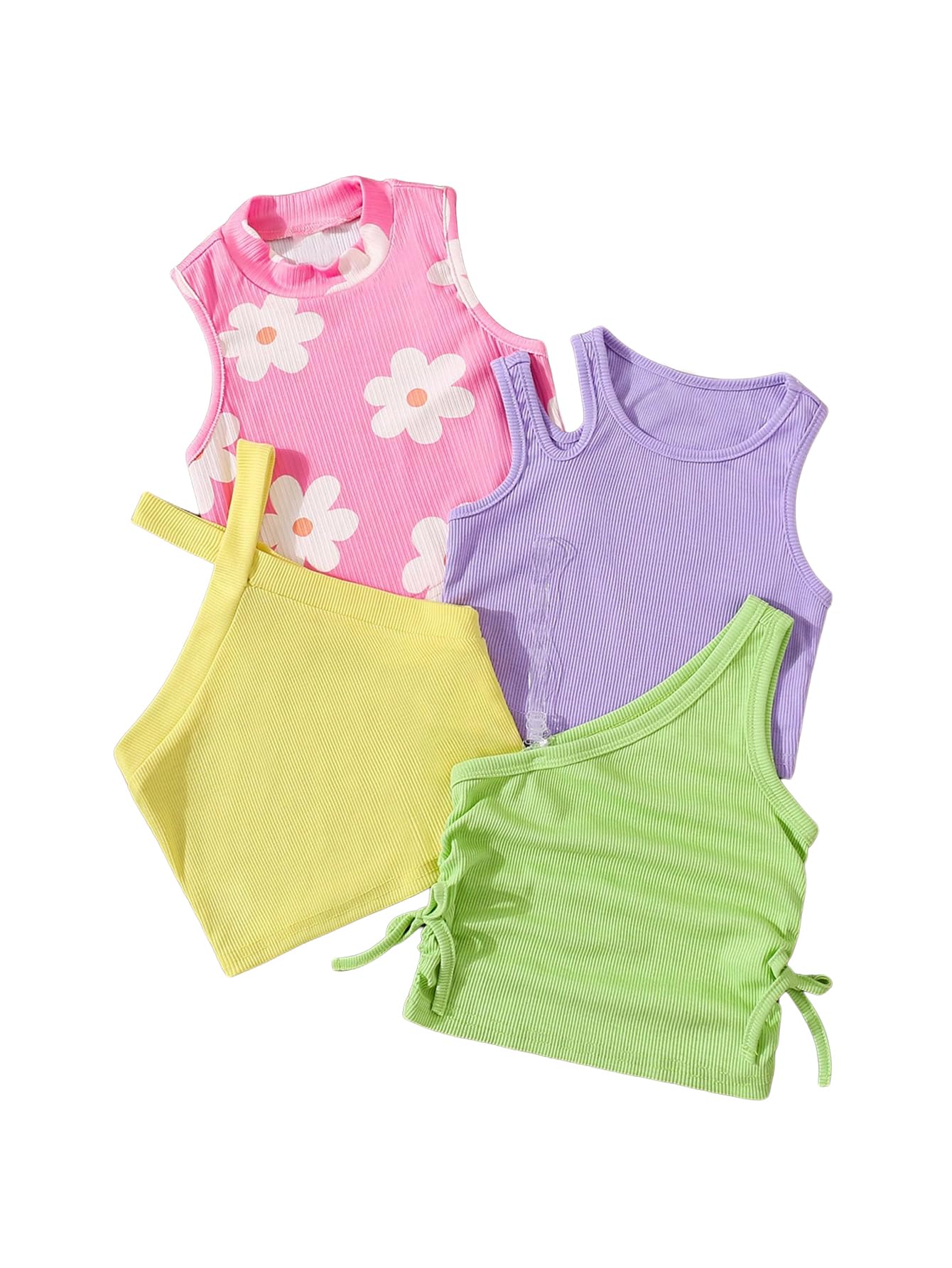OYOANGLE Toddler Girl's 4 Pack Ribbed Knit Crop Tank Tops Set One Shoulder Summer Camisole