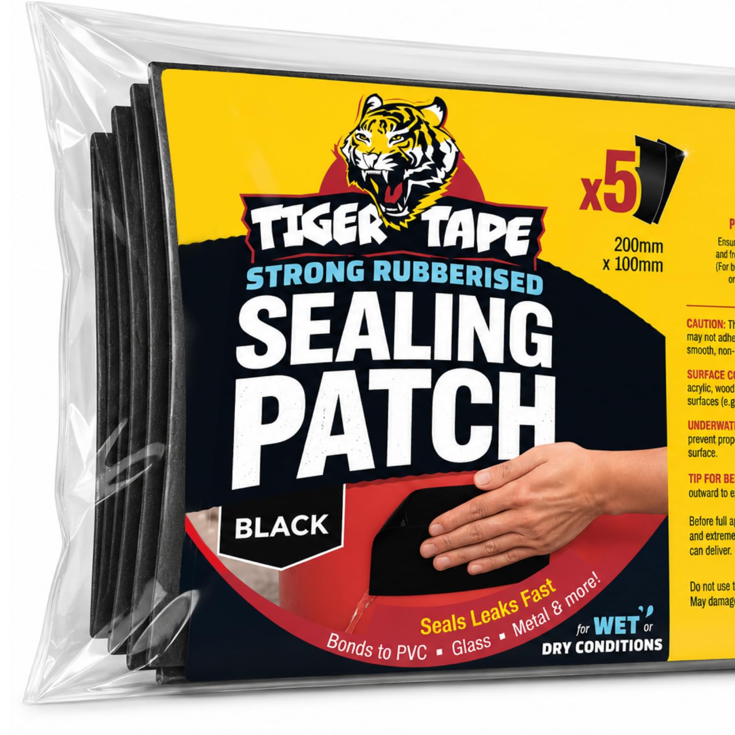 Tiger Tape® Seal Patches - 5 Pack | Thick Rubberised Waterproof Leak Fix. Instantly Seals out Water, Air & Moisture to create a super strong, flexible watertight bond. UV Resistant. Black. 100 x 200mm