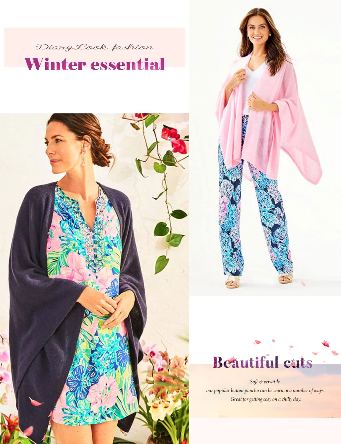DiaryLook Kaschmir-Feeling gestrickter Poncho Damen Elegant, Langer Cape Damen Poncho für Frauen, weiche Knöpfe, Leichter Wickel Schal Cardigan für Frühling, Sommer, Winter Geschenk für Frauen