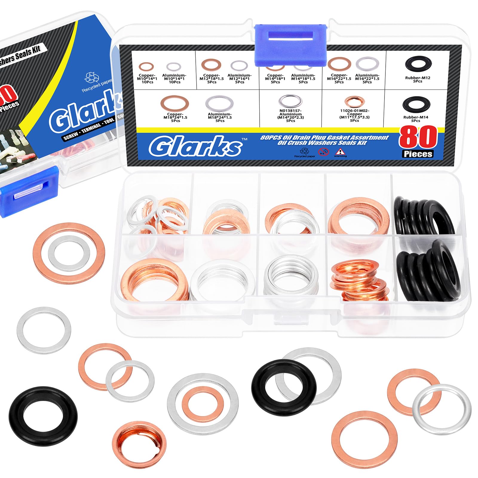 Glarks Kit di Guarnizioni per Tappo di Scarico dell'Olio Automobilistico - 80 Pezzi, 11 Misure (M10-M18) - Alluminio, Rame, Gomma - Rondella di Scarico