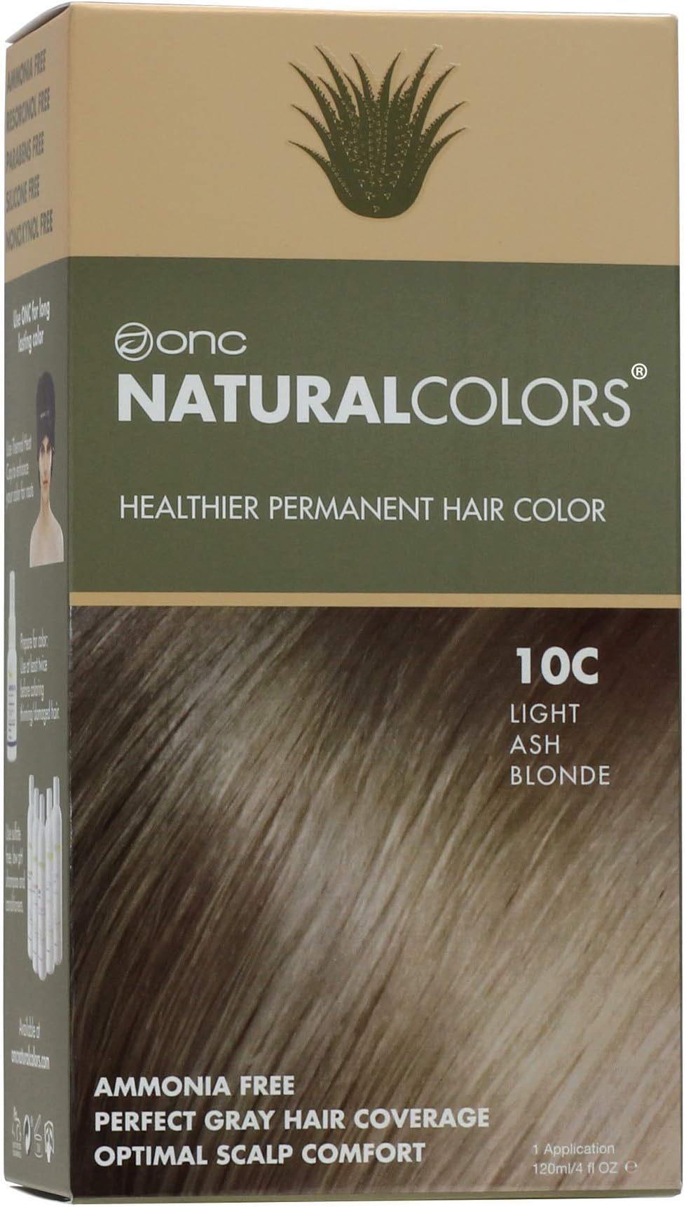 ONC NATURALCOLORS (10C Light Ash Blonde) 4 fl. oz. (120 mL) Heat Activated Healthier Permanent Hair Dye with Certified Organic Ingredients, Ammonia Free, Vegan Friendly, 100% Gray Coverage