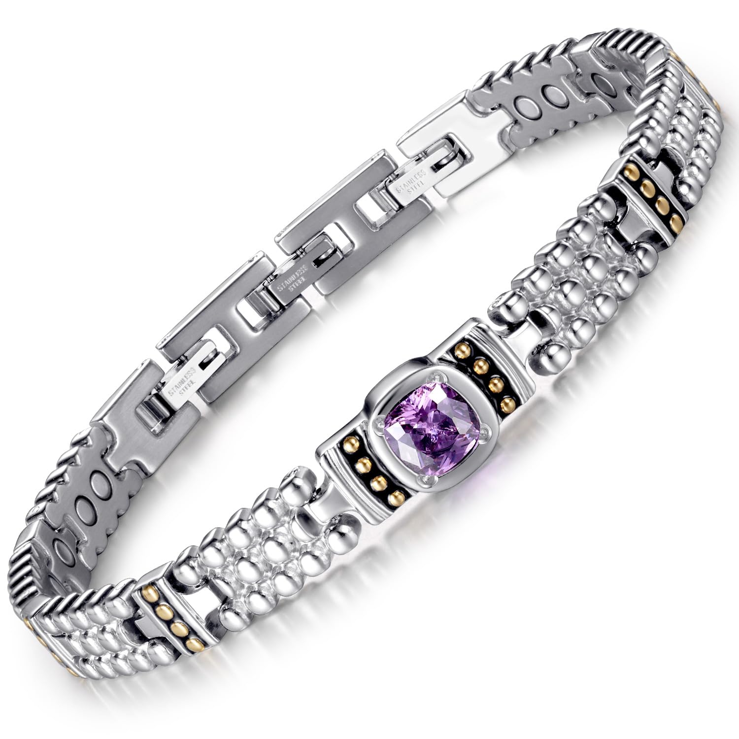 Rainso Bracciale Magnetico da Donna,Bracciale in Acciaio Inossidabile con Ametista,Design Unico Della Gemma-Misura Regolabile con Confezione Regalo Regalo per le Donne (Viola)