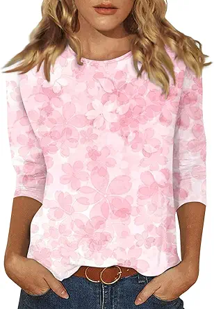 HTHLVMD Womens 3/4 Length Sleeve Tops 2025 Fall Fashion Floral Print Crewneck Causal Trendy Tunic Tops for Women