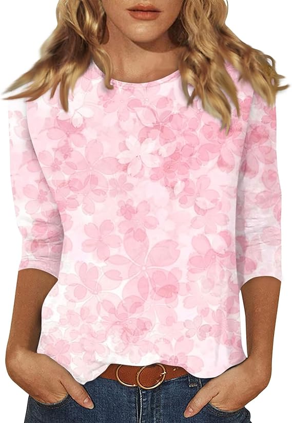 HTHLVMD Womens 3/4 Length Sleeve Tops 2025 Fall Fashion Floral Print Crewneck Causal Trendy Tunic Tops for Women