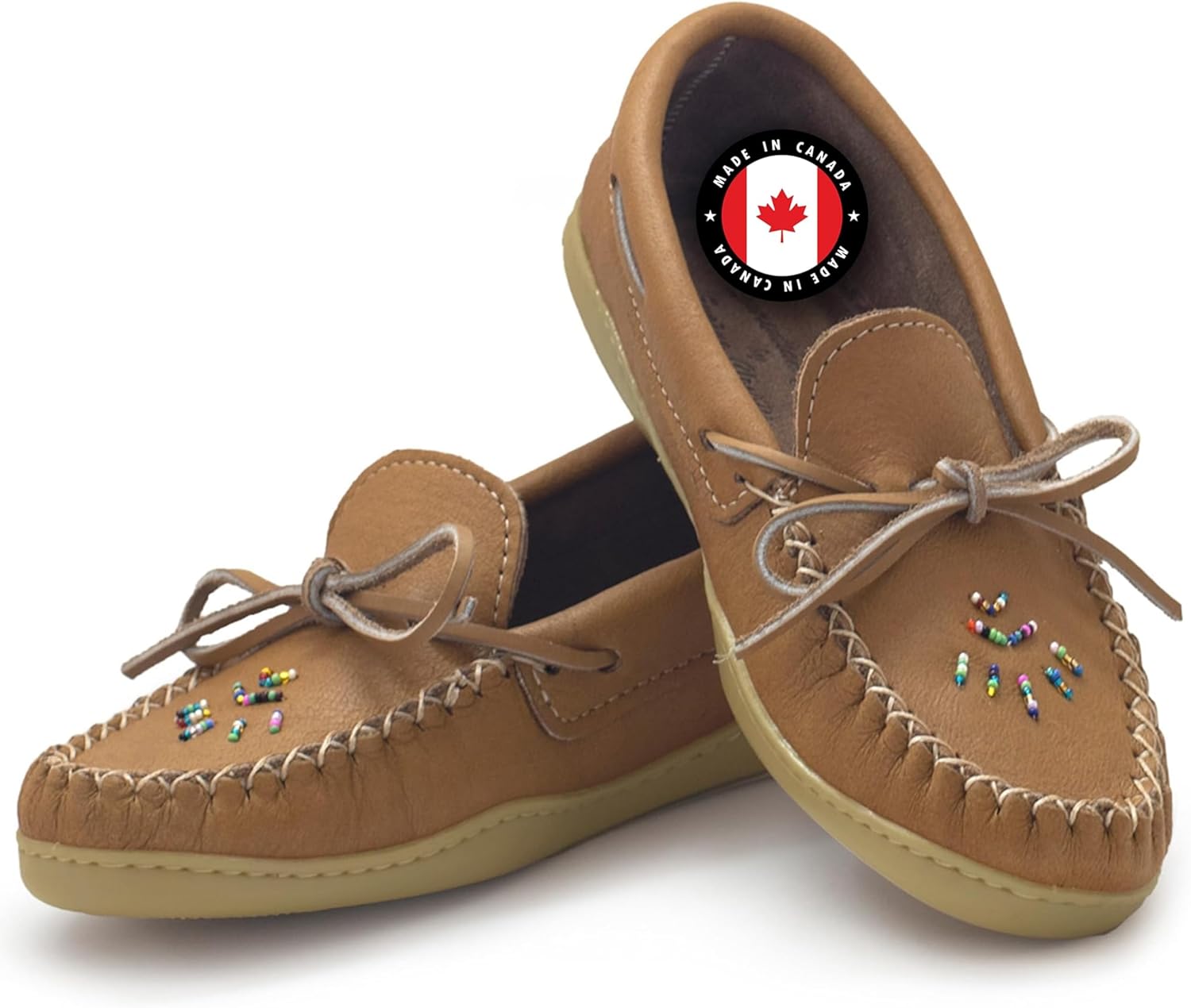 Laurentian Chief Women's Brown Leather Moccasins with 8-Hole Kabir Collar & Natural Rubber Sole, Beaded Womens Leather Moccasins, Comfortable Stylish Indoor & Outdoor Slippers