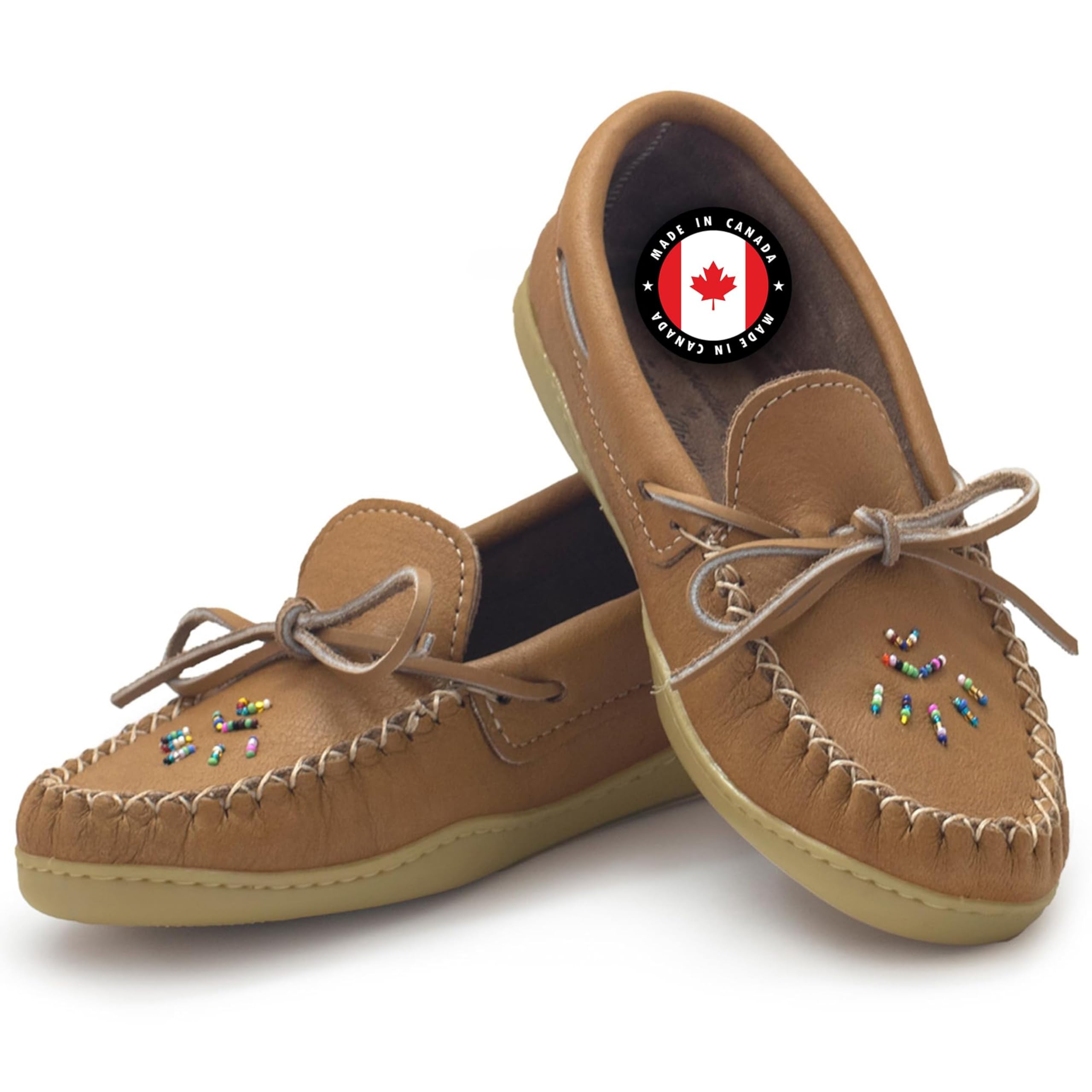Laurentian Chief Women's Brown Leather Moccasins with 8-Hole Kabir Collar & Natural Rubber Sole, Beaded Womens Leather Moccasins, Comfortable Stylish