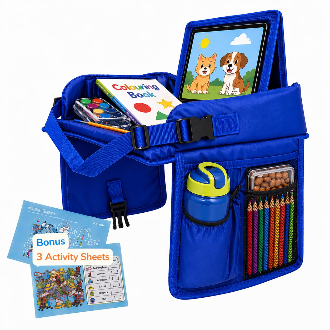 Nomado's Fold & Go Travel Tray- Cars & Flight Organizer w/Dry Erase Board- Tablet & Bottle Holder - Waterproof Snack Kids Lap Tray Table - Road Trip Activities Toddlers & Kids for Years (Blue)-image-8