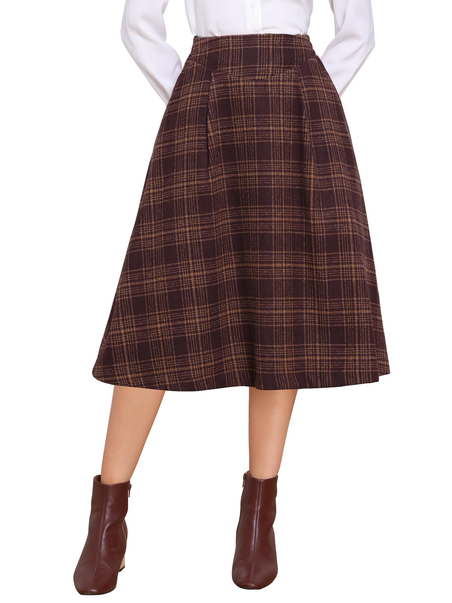 Allegra K Femme Jupe Plissée Tartan Taille Haute Trapèze Midi | Motif Tartan Taille Haute Dos Élastique Fermeture à Glissière Invisible Longueur Genou Coupe Trapèze Poches