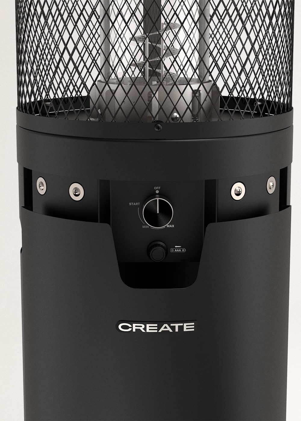 CREATE/FIRE ROUND HEATER/Calefactor de gas negro para terrazas y exteriores/Encendido eléctrico, llama regulable, sistema de seguridad, uso exterior, materiales resistentes, 8 kW