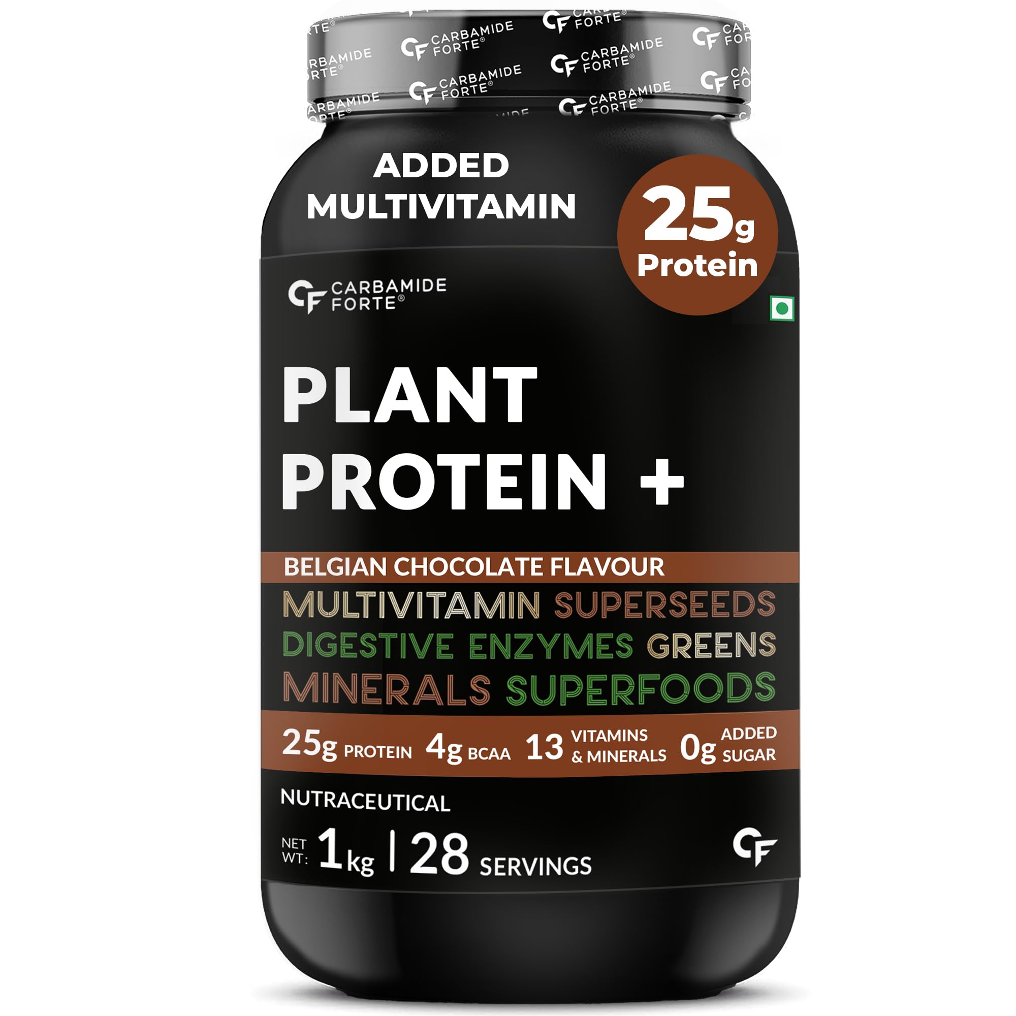 Carbamide Forte Plant Protein Powder For Men - Plant Based Protein Powder with Multivitamin, Minerals, Superfoods, Pea Protein, Digestive Enzymes - Belgian Chocolate Flavour - 1kg