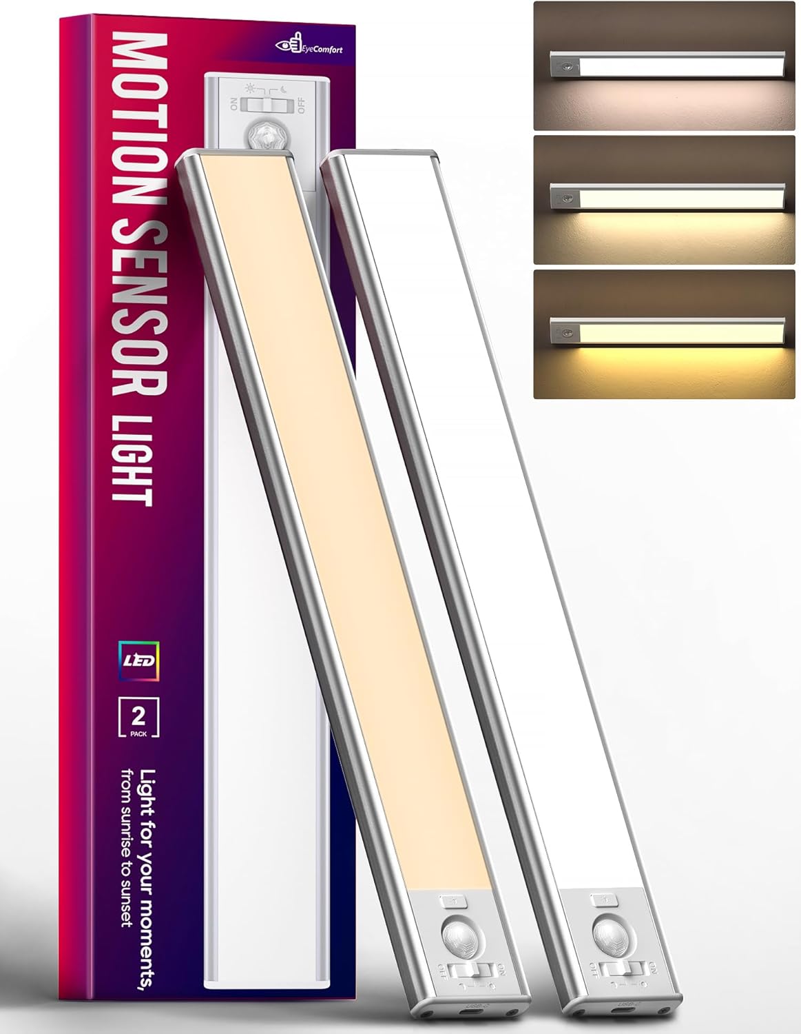 2 Pack Under Cabinet Lighting, 3 Color Temperature Motion Sensor Light Indoor, 2200mAh Rechargeable Closet Lights Motion Sensored, Dimmable LED Cabinet Lights, Under Counter Lights for Kitchen
