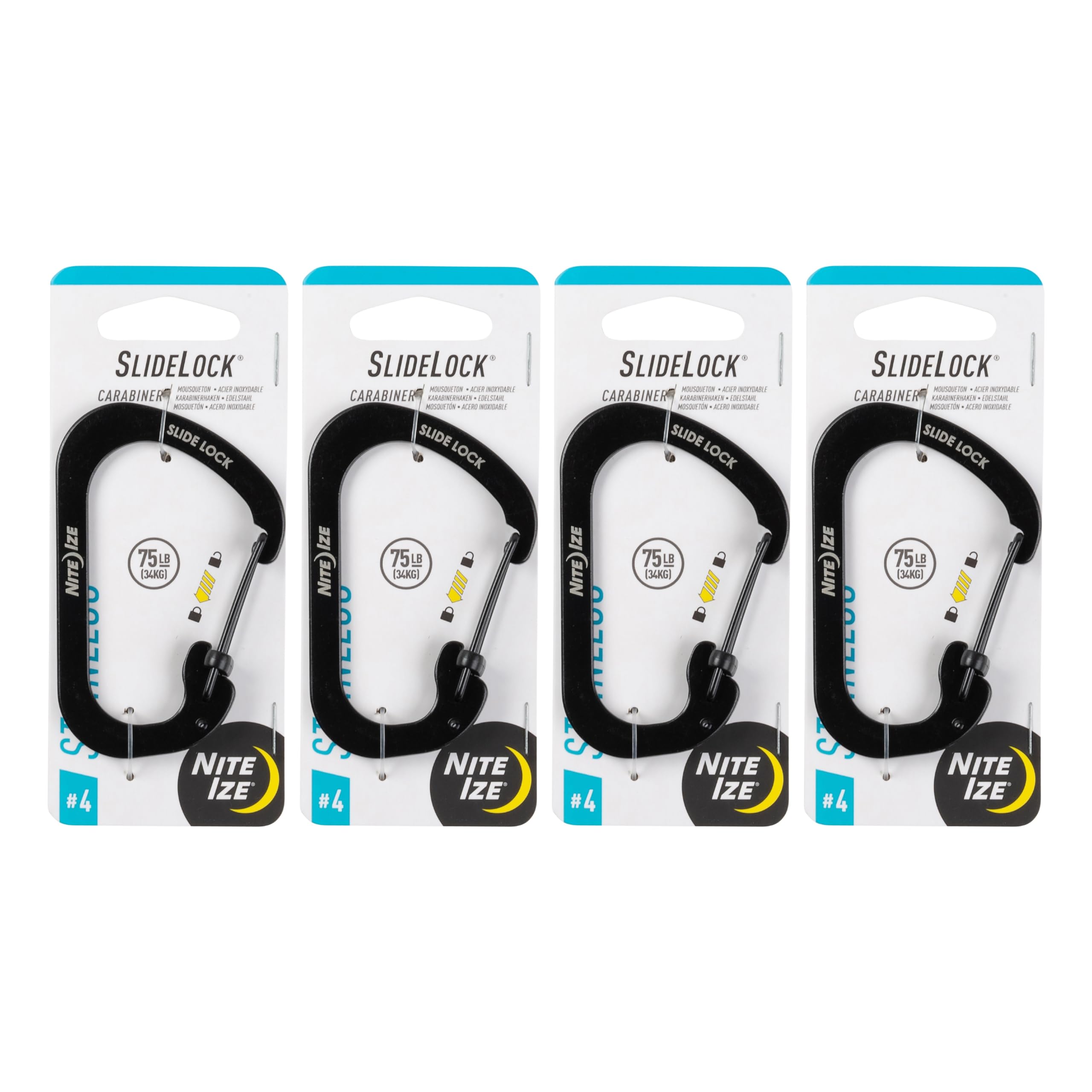 Nite Ize SlideLock Carabiner Stainless Steel - Key Holder Carabiner for Daily Use - Secure Keychain Organizer with Lock - Lockable Carabiner - 75lb Weight Rating - Size 4, Black (4 Pack)