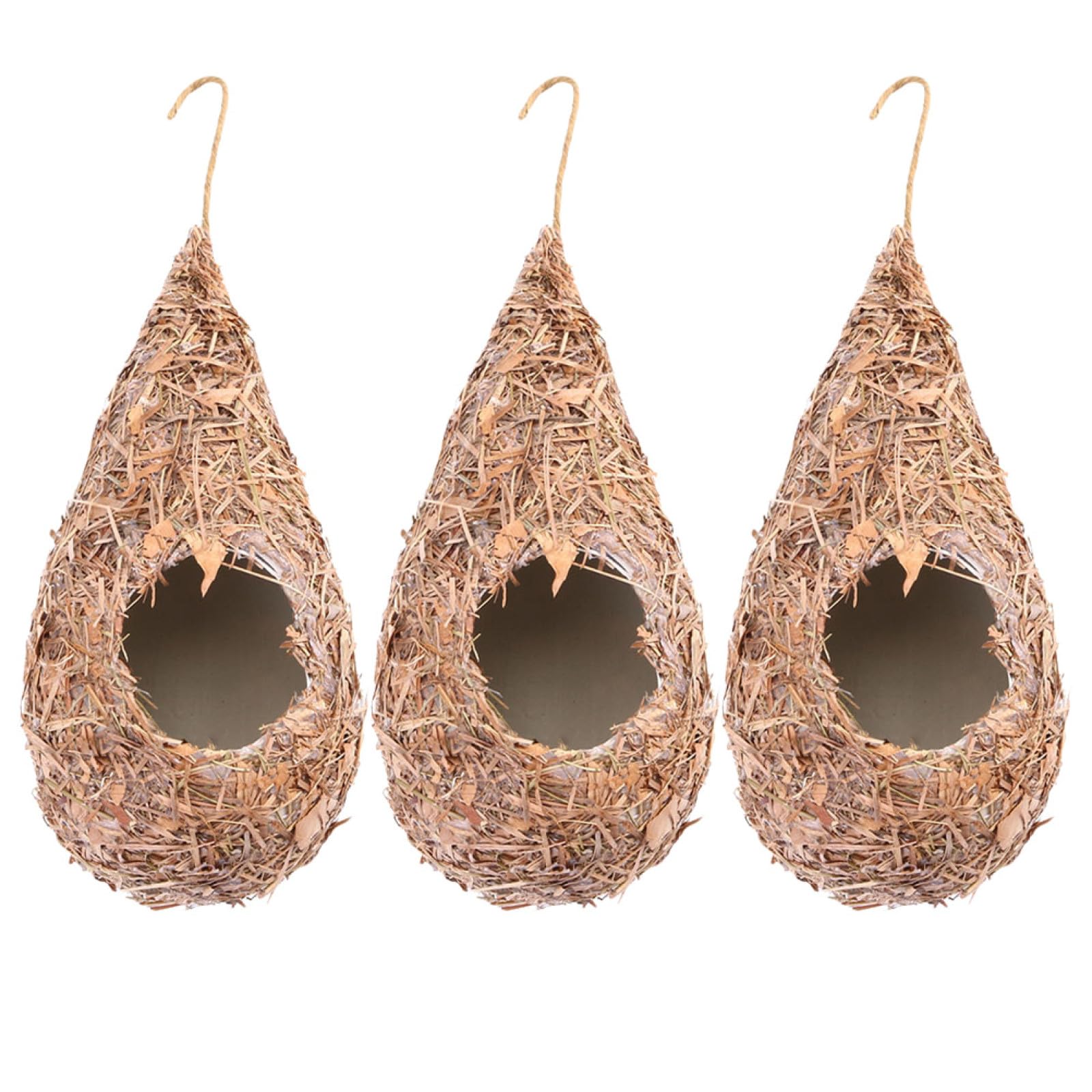 Casa Colgante para Pájaros Artificial de Paja 3 Piezas | Forma de Gota, para Exterior E Interior, Mezcla Paja-plástico, Refugio Decorativo Tejido a Mano