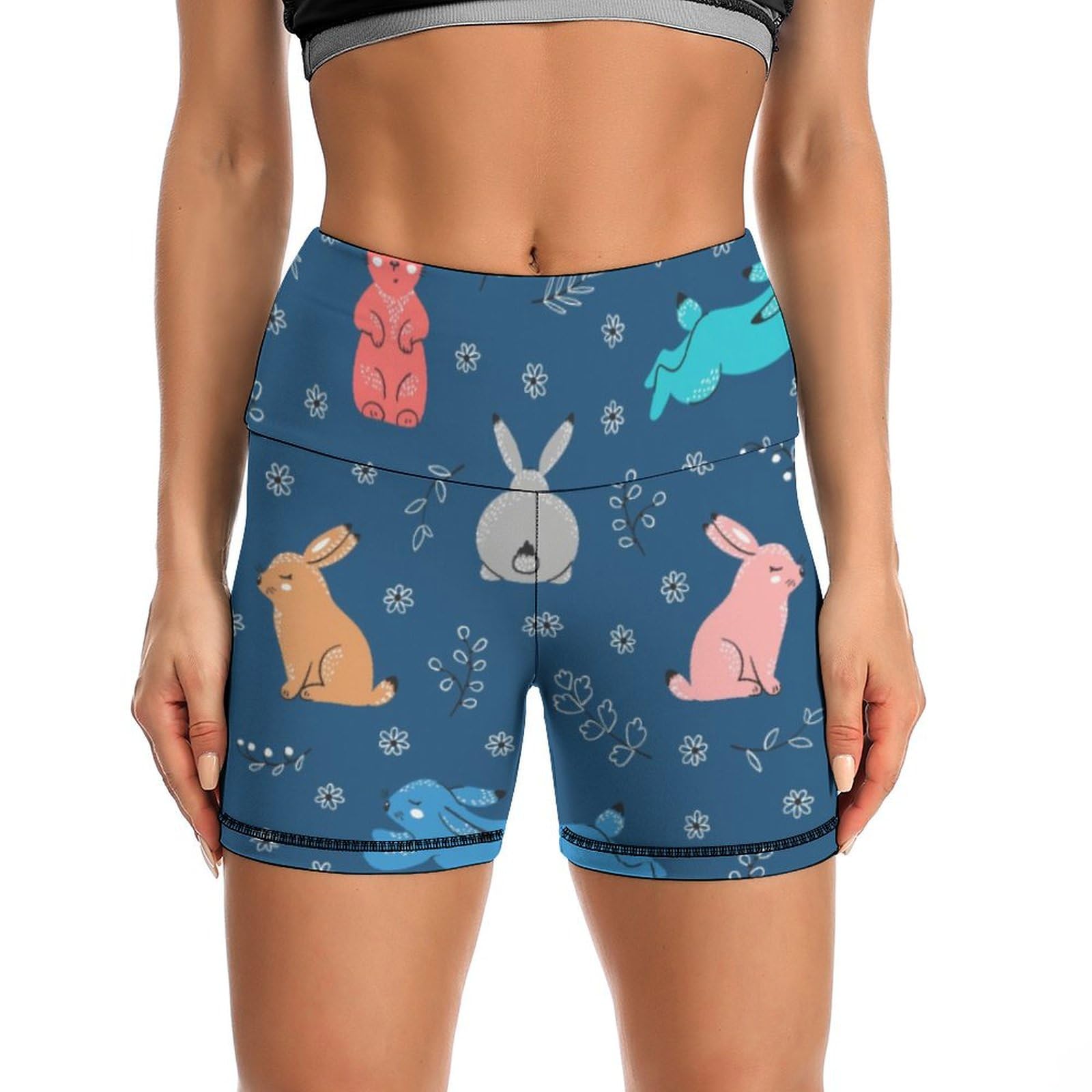 Cute Rabbit Pattern High Waist Yoga Shorts for Women Athletic Shorts Leggings Running Pants Black