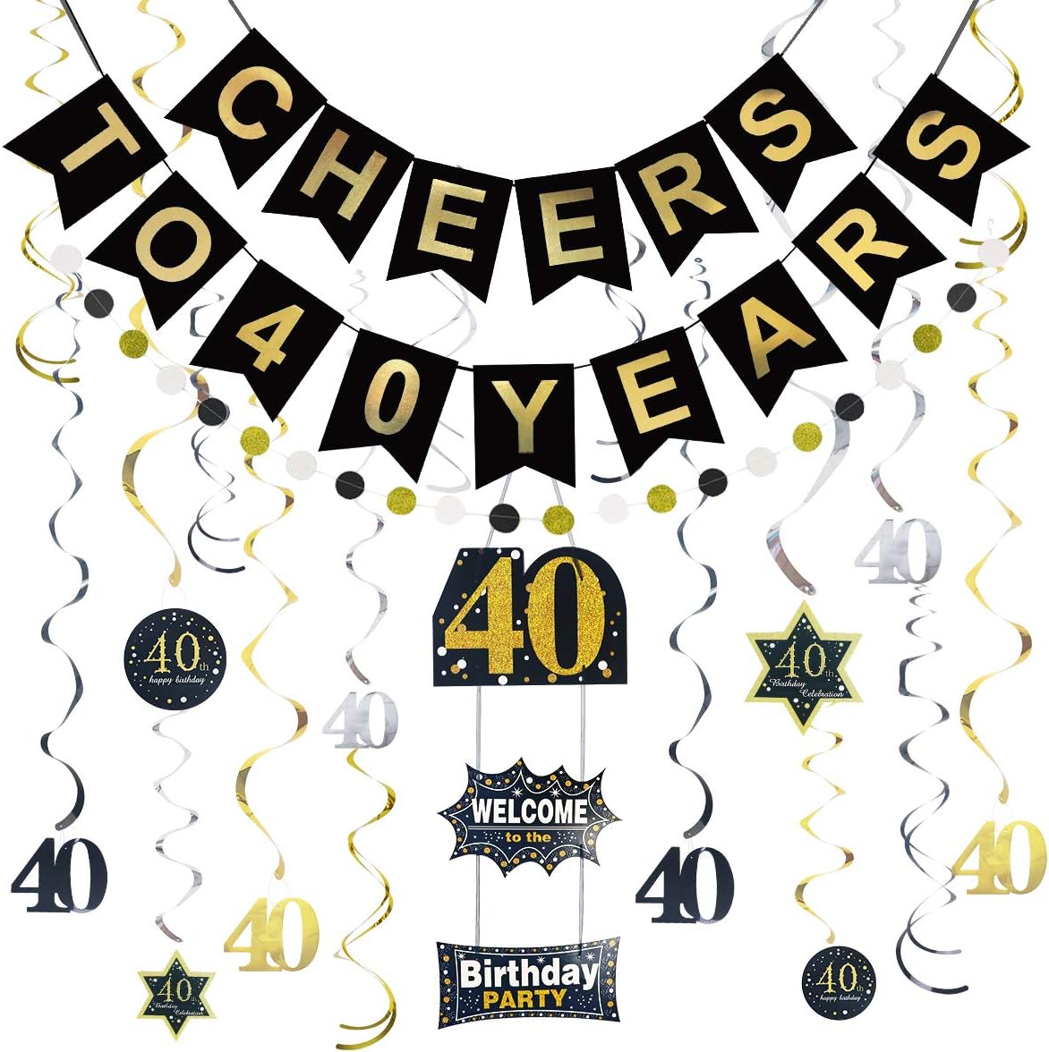 Litaus 40th Birthday Decorations for Women or Men, Cheers to 40 Years Banner, Hanging Swirls, Birthday Door Sign, Paper Garland for 40th Birthday Party, Wedding Anniversary, Party Decorations