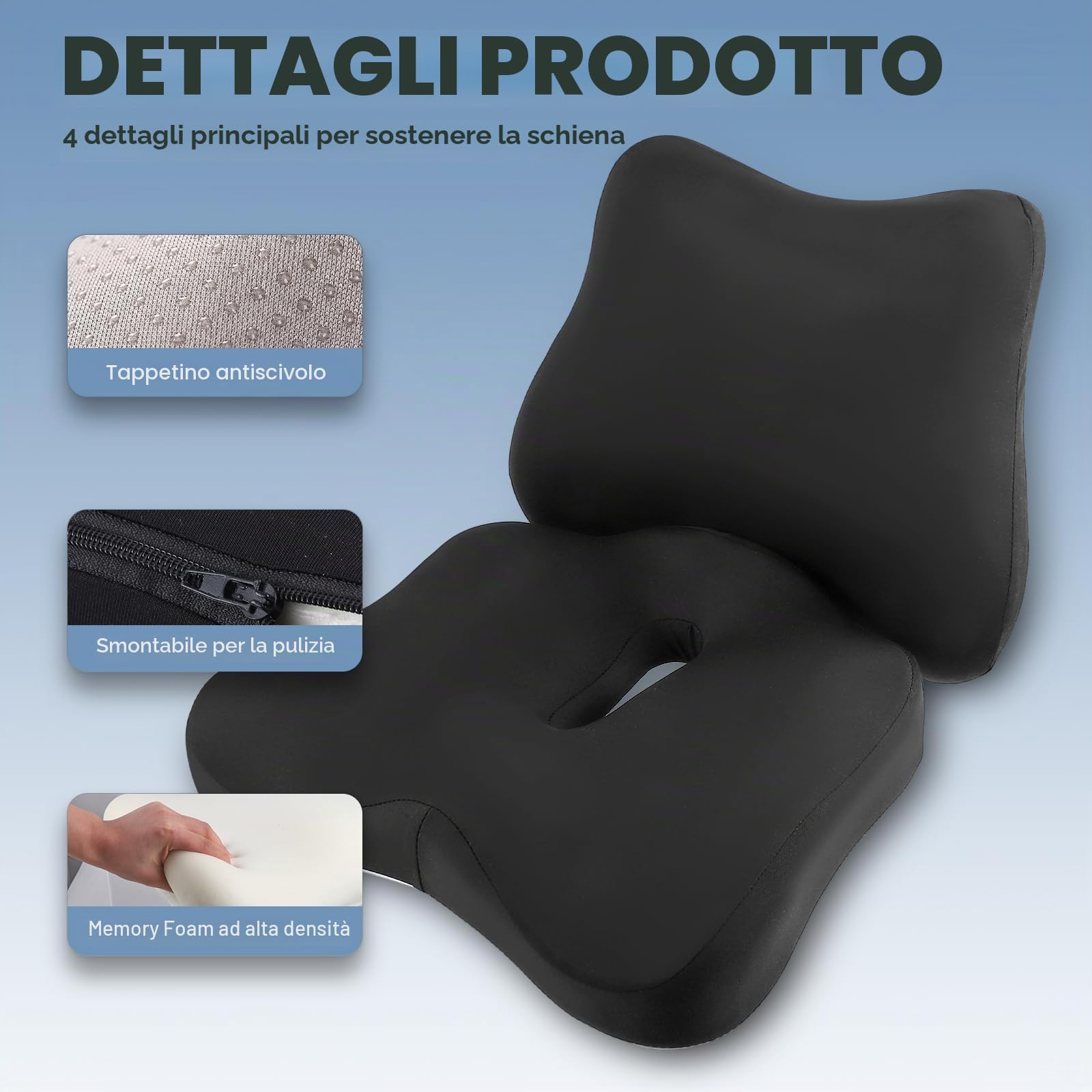 2 in 1Cuscino Sedia Ufficio Memory Foam Supporto Lombare e Seduta Cuscino Lombare Auto Ergonomico per Auto e Gaming, Allevia Dolore Coccige e Schiena, Fodera Lavabile e Base Antiscivolo