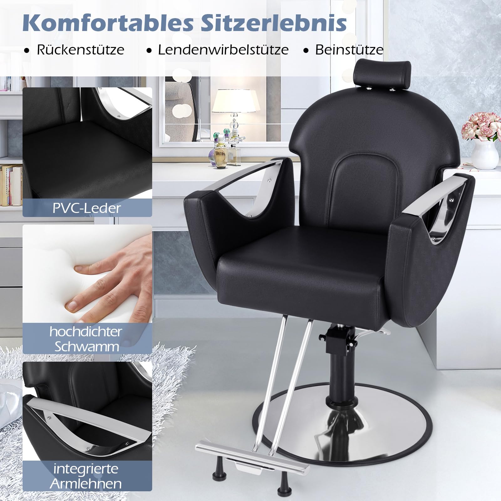 COSTWAY Friseurstuhl höhenverstellbar 360° drehbar mit Kopfstütze & Hydraulikpumpe bis 150kg belastbar schwarz