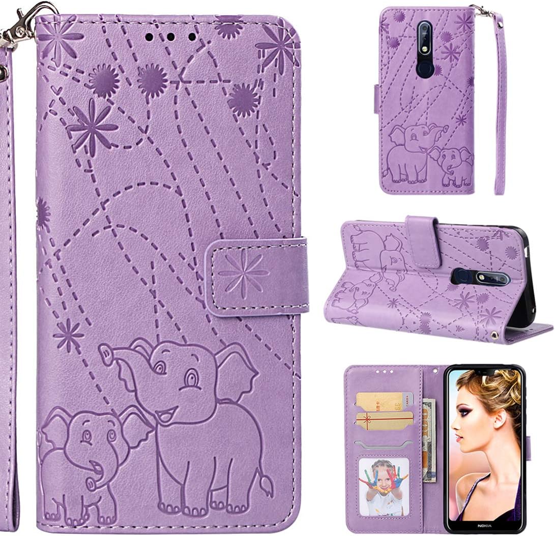 Lotuslnn Nokia 7.1 Case, Wallet Case PU Leather Elephant Embossed Design Case with Kickstand Function Card and ID Slot Slim Flip Protective Skin Cover for Nokia 7.1-light purple