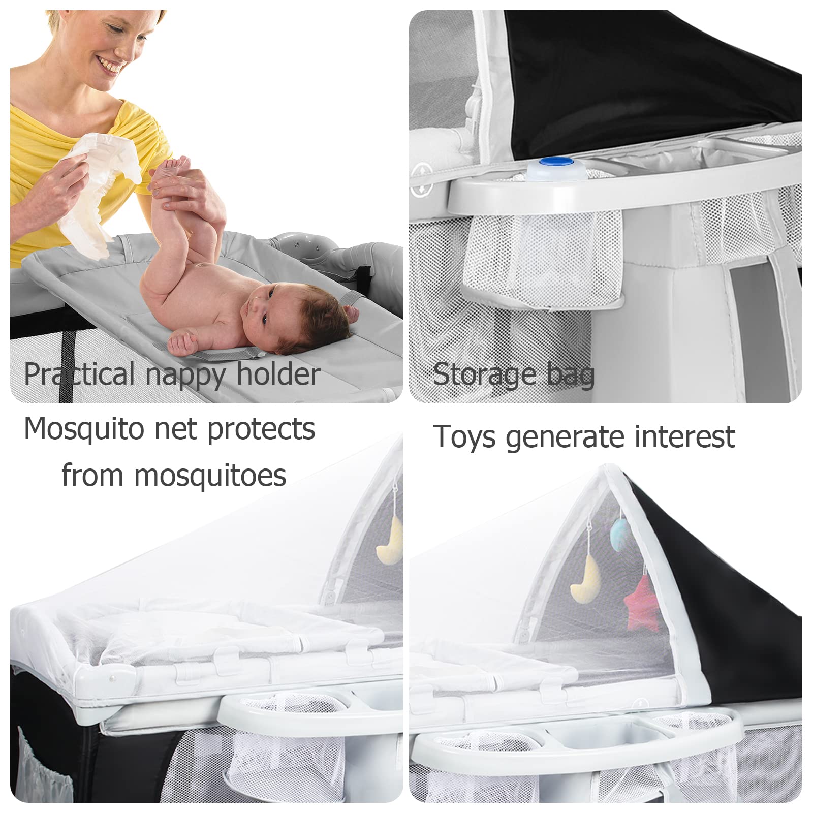 LIFEZEAL Lettino Pieghevole 3 in 1 con Materasso e Fasciatoio, Culla da Campeggio con Zanzariera, Cestino Portaoggetti e Borsa per il Trasporto, Ingresso Laterale per Bambini 0-36 Mesi (Black)