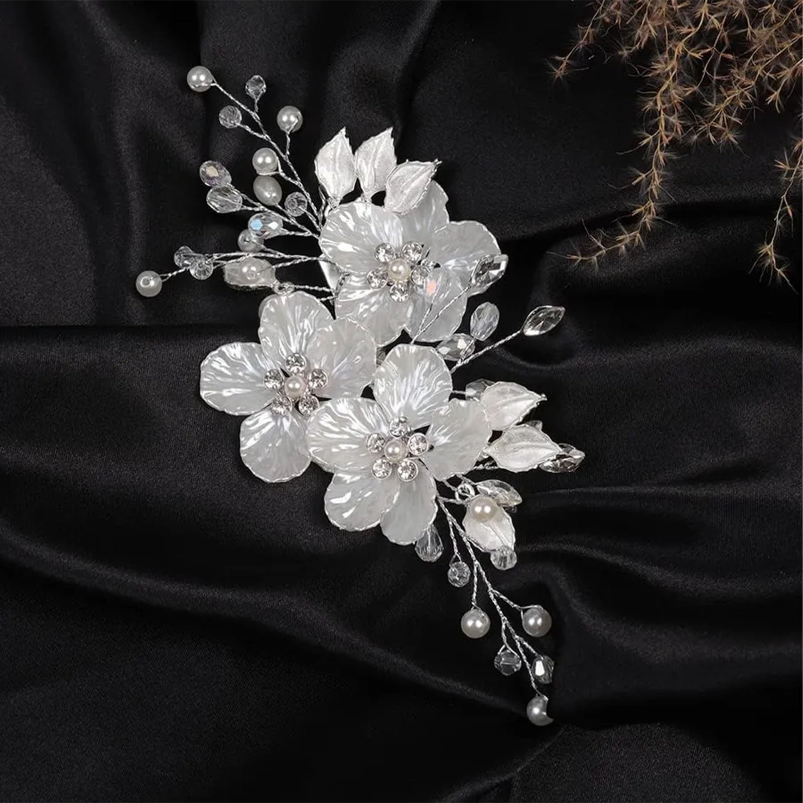 3 forcine per capelli da sposa con perle di cristallo, accessori per capelli da sposa, gioielli con strass, glitter in rilievo fiore bianco