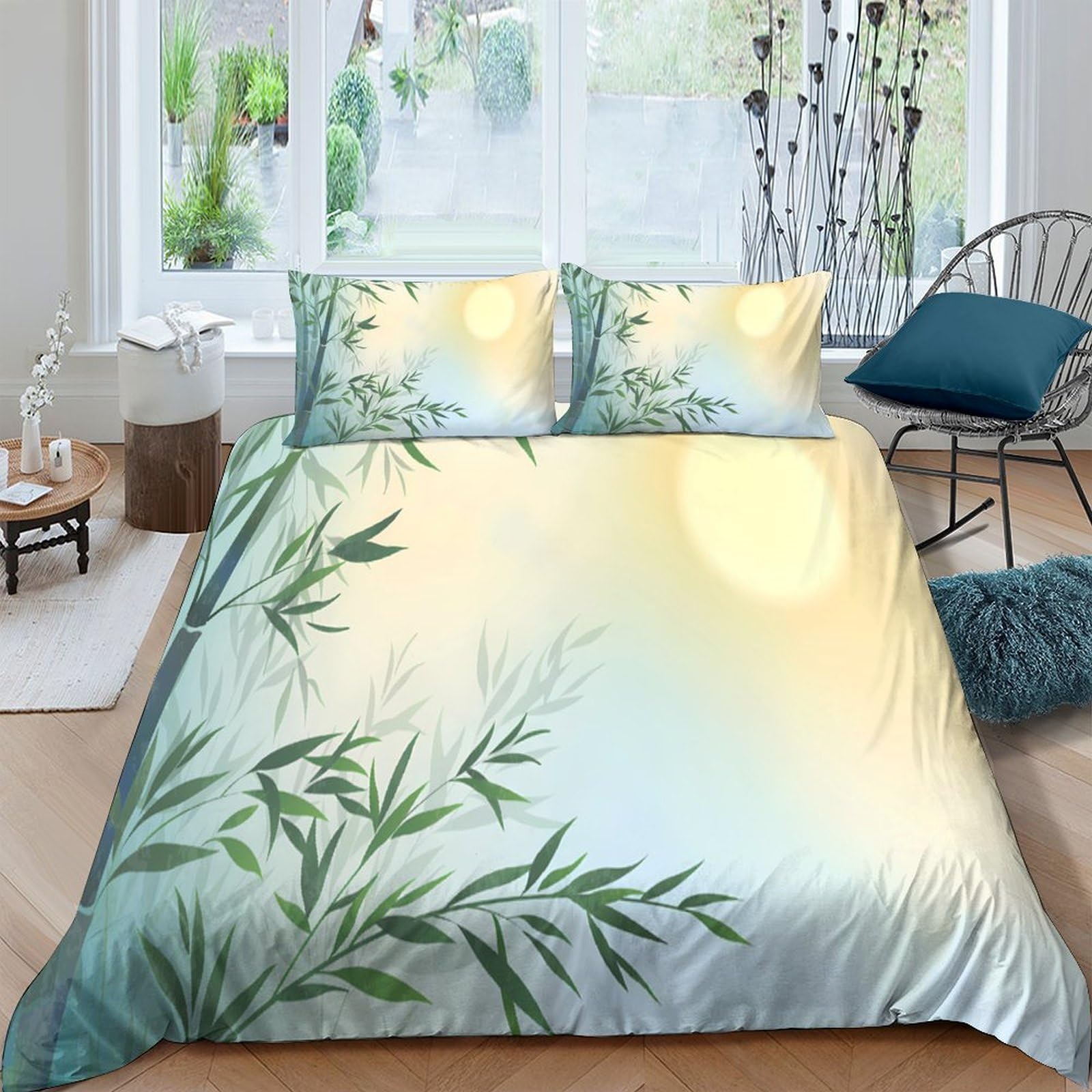 Ctjqhvkz Style-4 3D Printed Bamboo Sunrise Fitted Sheet Microfiber Soft Durable Misty Leaves Bed Cover For Bedroom Dorm Decor Single（135X200cm）