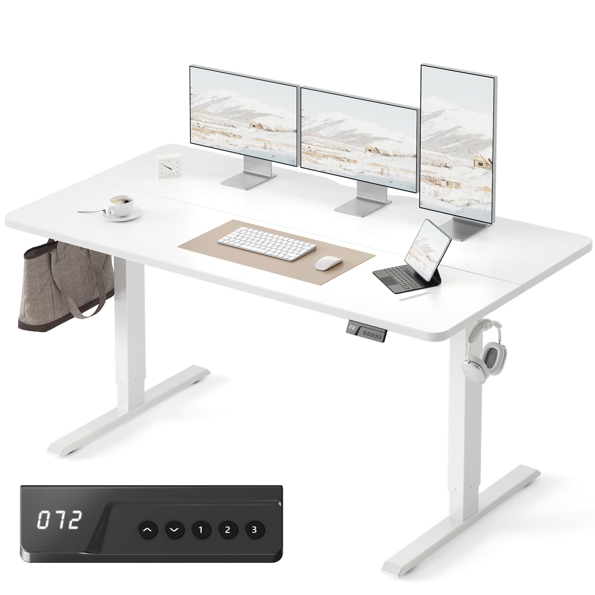 FEZIBO Standing Desk, 55×28 Inches Electric Height Adjustable, Sit Stand Up, Computer Office Desk with Splice Board, While Frame/While TOP