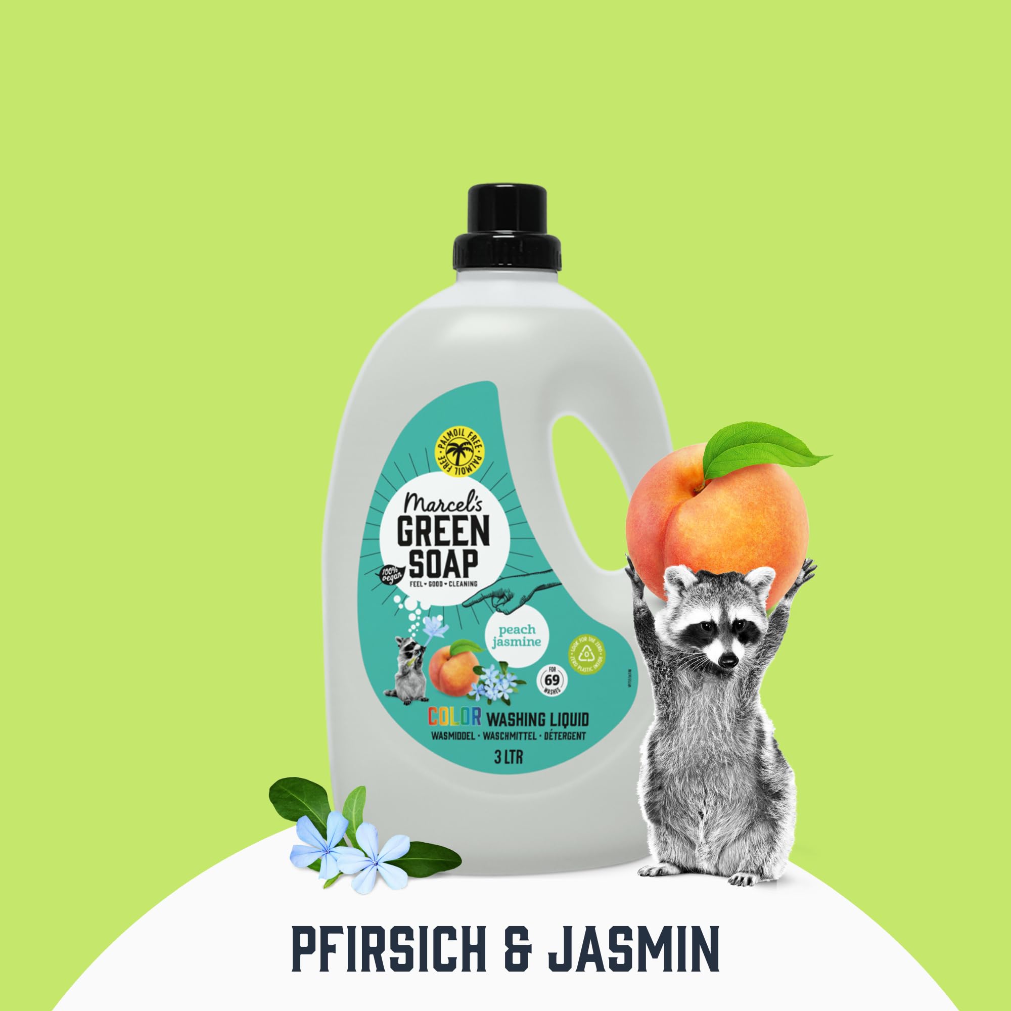 Marcel's Green Soap Farbwaschmittel Pfirsich & Jasmin - Vorteilspack - Mikroplastikfreie Formel - Vegan - 100% recycelte Plastikflasche - Nachfüllbar - 276 Waschgänge - 3L (4er Pack)