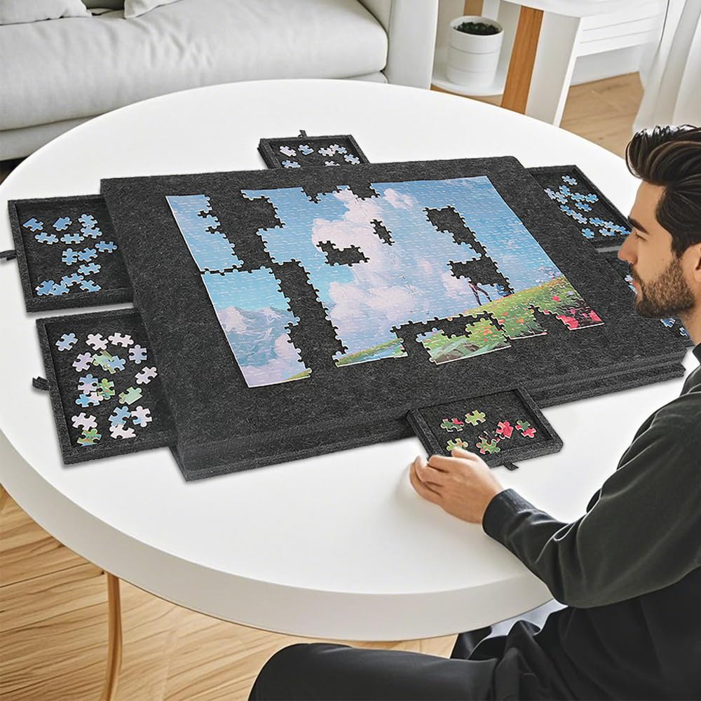 Tapis Puzzle 1000 Pieces en Feutre Léger, Table & Plateau de Puzzle 1000 Pieces avec 6 Tiroirs de Tri, Support Puzzle Inclinable pour Adultes, Accessoires de Puzzle pour Convient à Tous Les âges