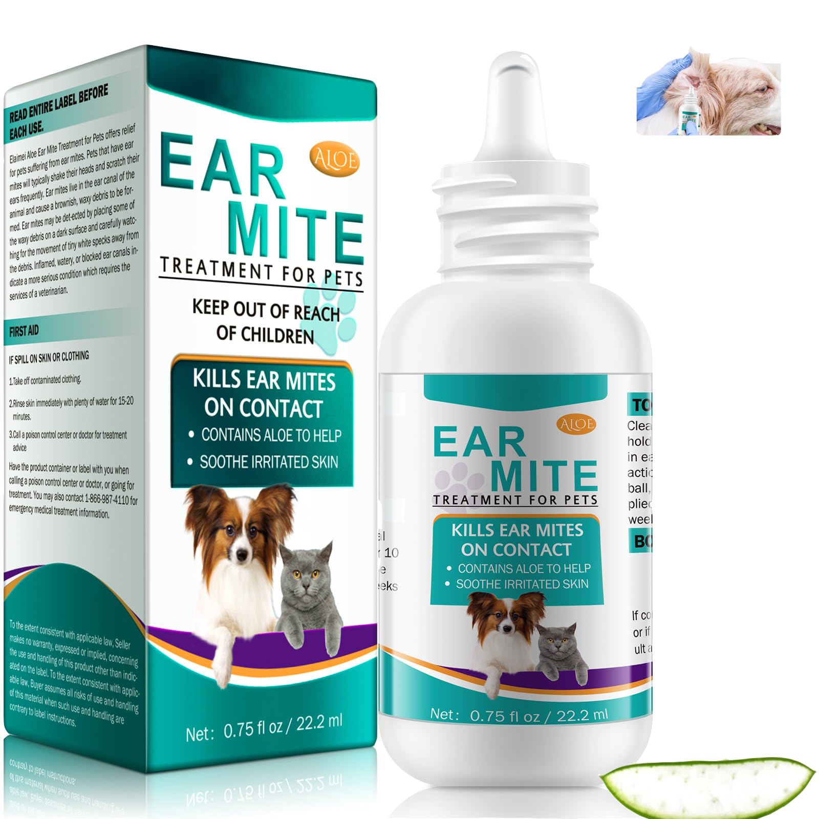 SDJUFEI Ear Mites Clean for Dogs & Cat, with Aloe Vera, Cleaner on Contact & Soothes Itching, Vet-Recommended Formula for Pets Ear Cleaning, Fast-Acting