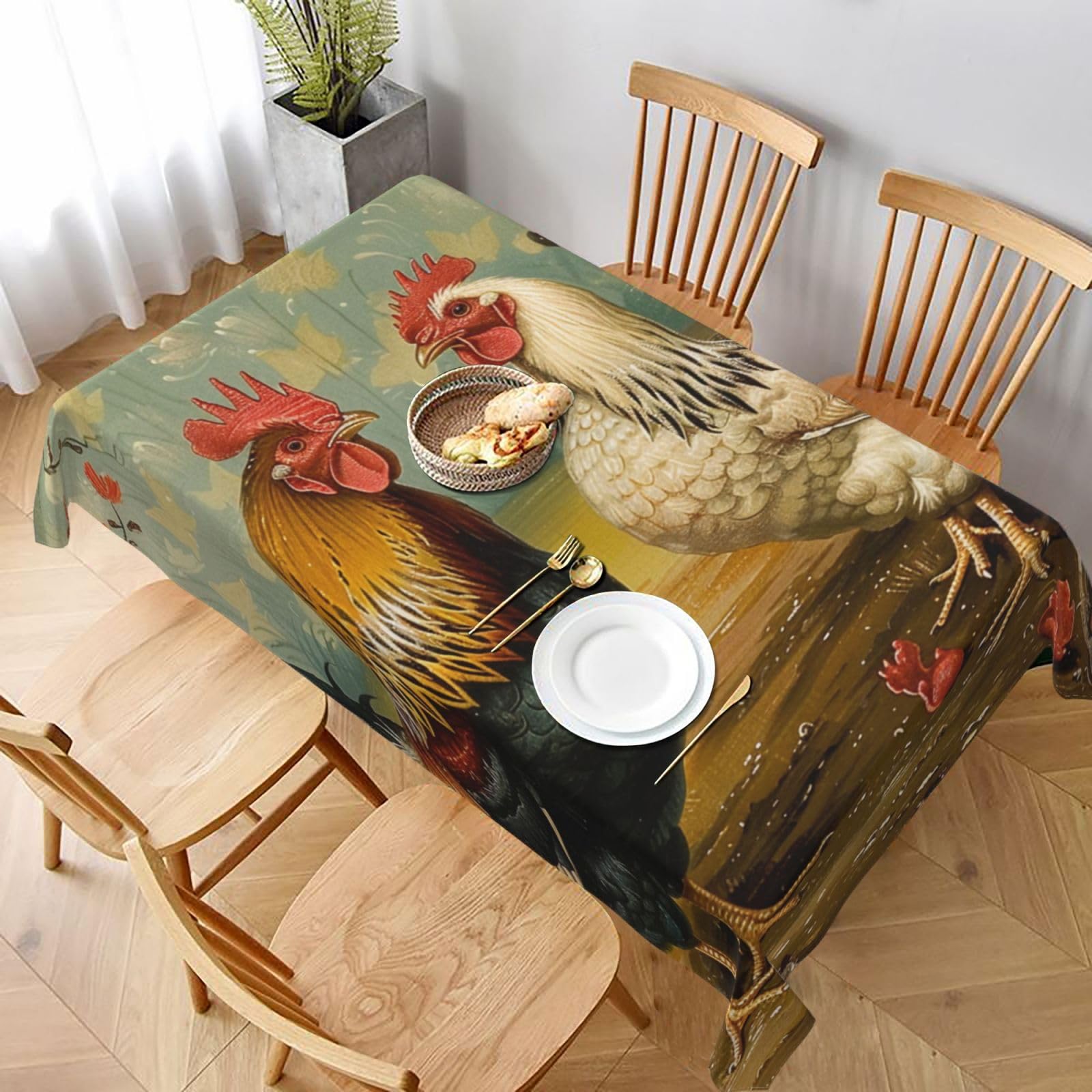 WPKJU Chicken and Rooster Print Printed Tablecloth 60x90 in Water Resistant Table Cover Washable Rectangle Table Cloth for Dining Tables