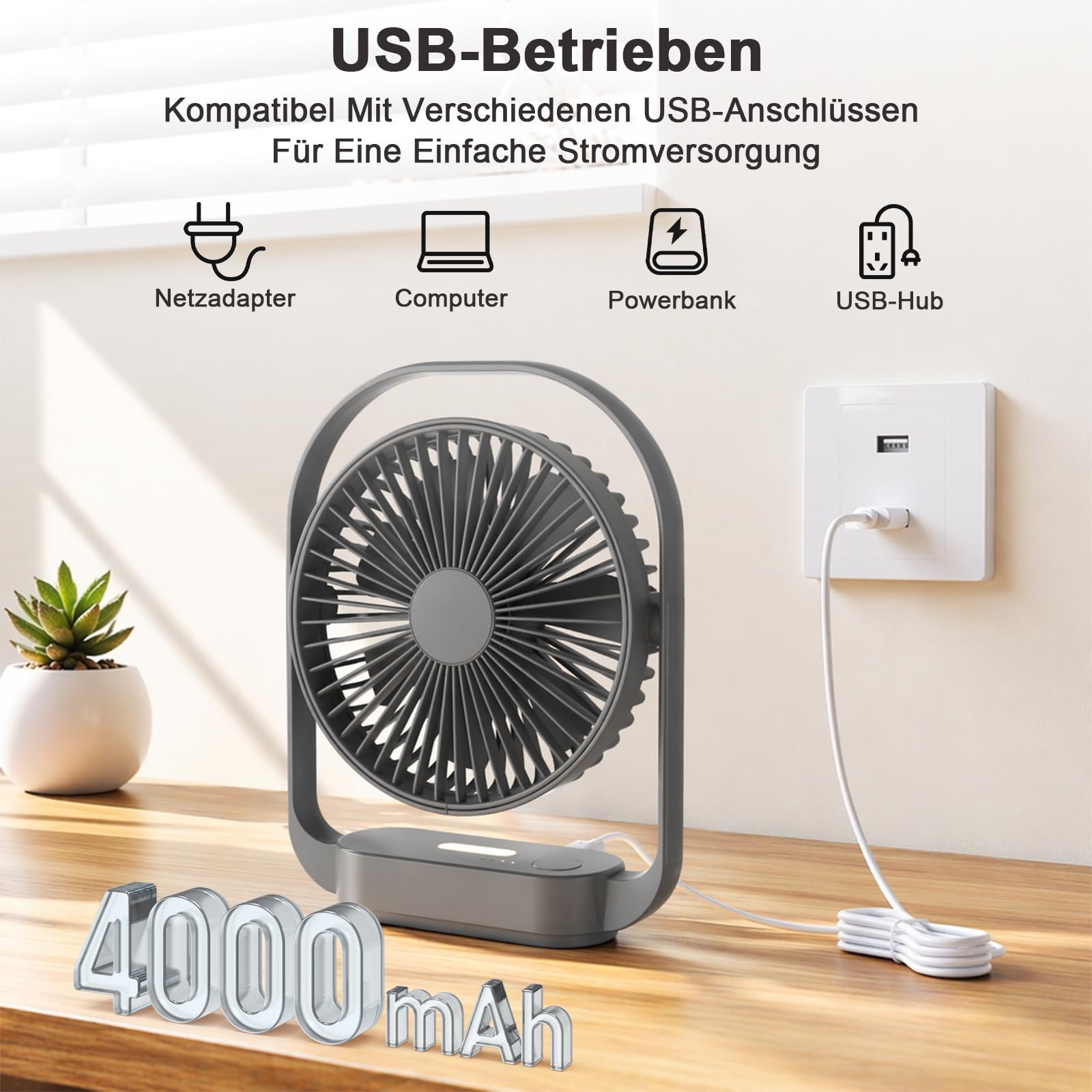 SURFOU Wentylator Stołowy 4000mAh, Bezprzewodowy, z 4 Prędkościami i 2 Trybami Lampki Nocnej, Ładowanie USB-C, Do 20 Godzin Pracy, do Sypialni, Stolika Nocnego, Biura i Podróży, Czarny