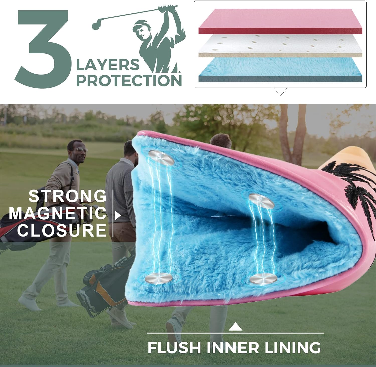 Strong Magnetic Closure 64 Impala Miami Golf Blade and Square Mallet Putter Cover Magnetic Golf Putter Headcover