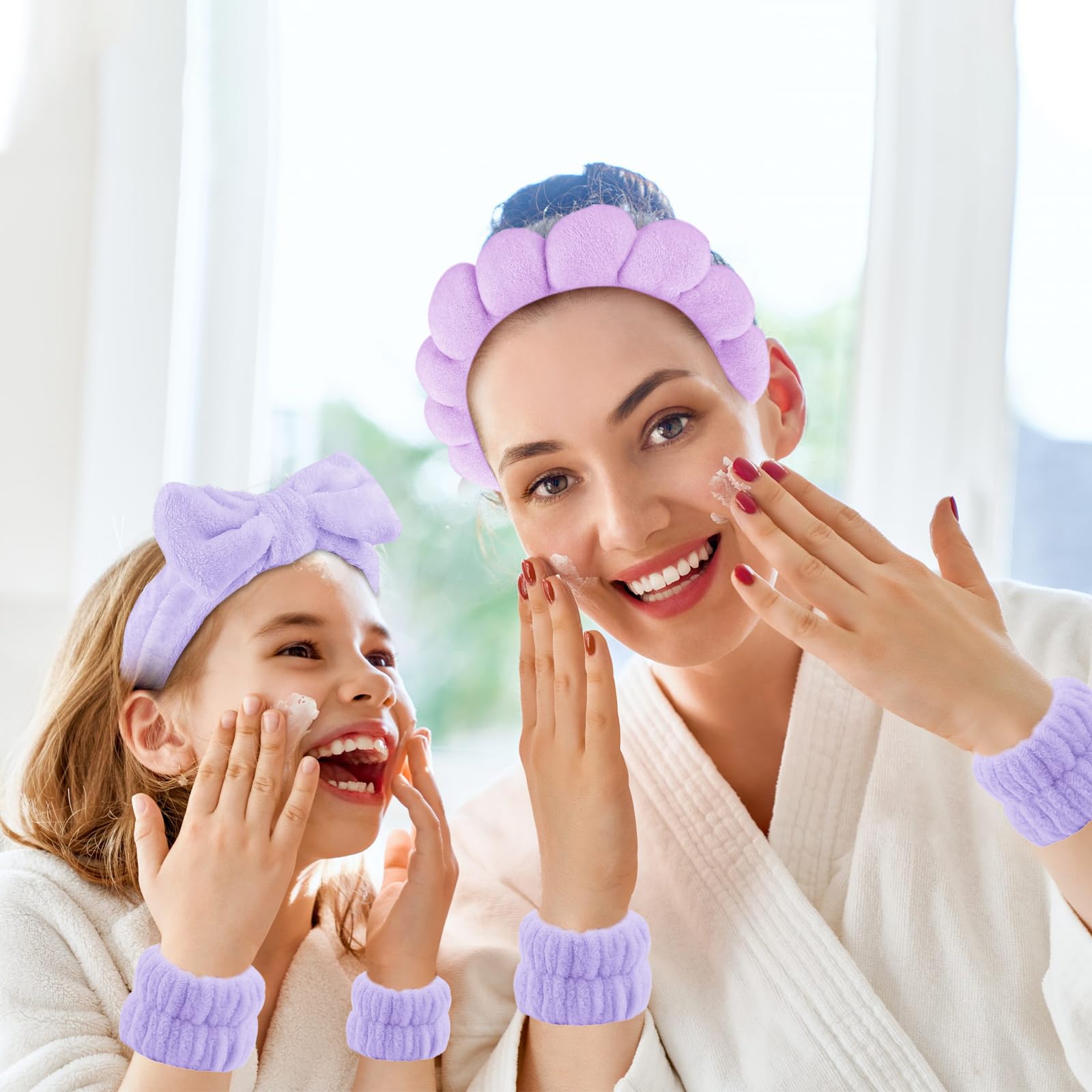 4 Pieces Spa Headband for Washing Face Skincare Terry Cloth Headband Wristband Set,Elastic Hairbands Face Washing Wristband,Sponge Puffy Makeup Headbands for Women Girls Shower,Sports,Yoga (purple) - Image 3