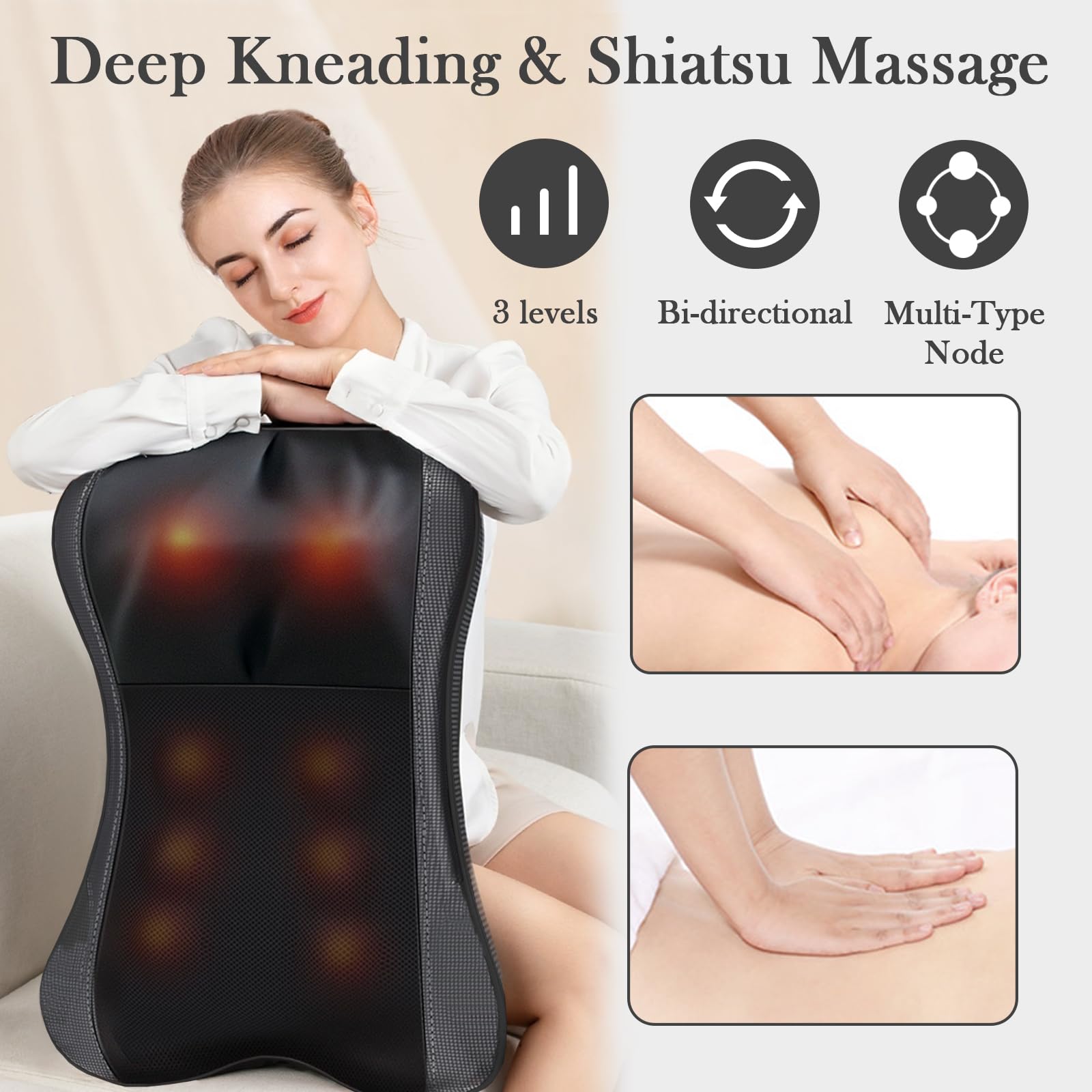 Rückenmassagegerät mit Wärme, Nacken und Rücken Shiatsu-Massagegerät zur Schmerzlinderung, Tiefengewebe 3D Tiefenknetkissen für Nacken und Schulter, geeignet für Büro und Zuhause