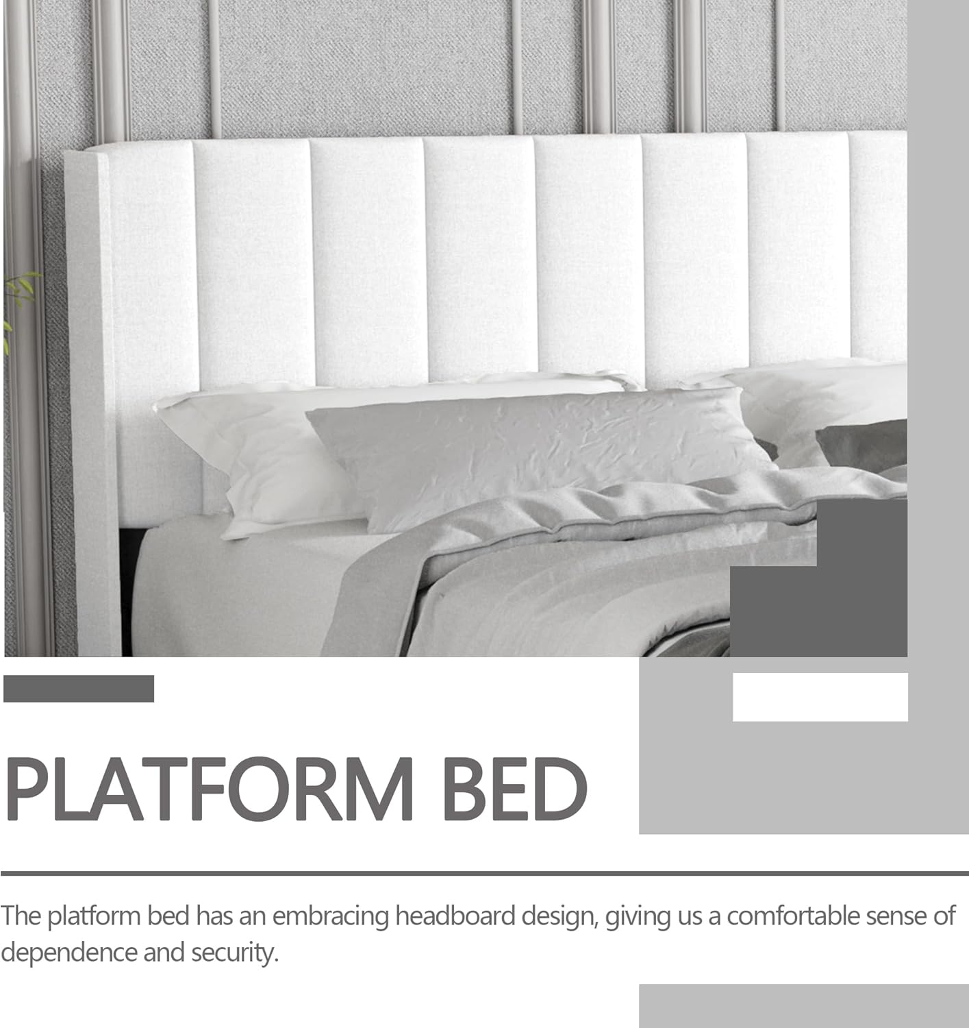 Zoophyter Upholstered Platform Bed Frame Queen Size with Headboard,Strong Wooden Slats Support No Box Spring Needed Easy Assembly White Linen - Image 6
