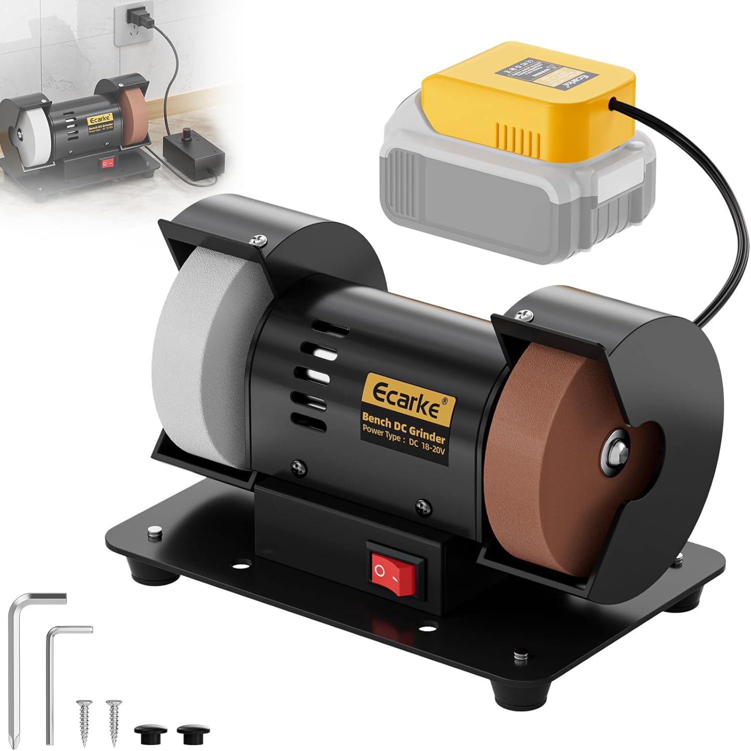 Ecarke 3" Mini Bench Grinder Compatible with Dewalt 20V, Bench Grinder 2000-10000 RPM Variable Speed with AC Adapter, Dual Grinding Wheels for Sharpen Knives, Drills, Steel, Rust Removal, No Battery
