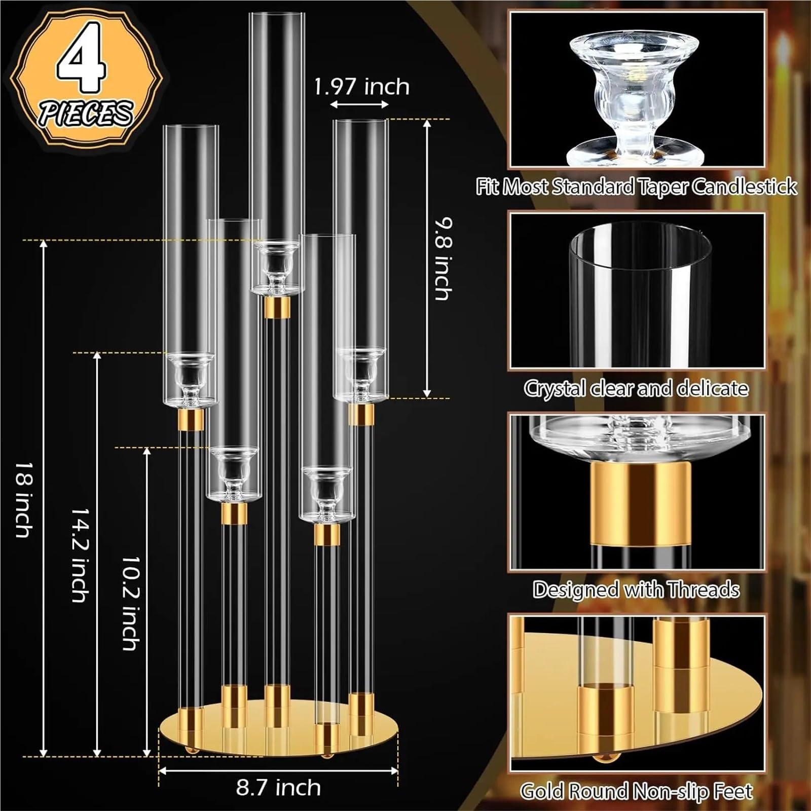 Portavelas Candelabros de Mesa Transparentes de Cristal de 5 Brazos con Pantalla
