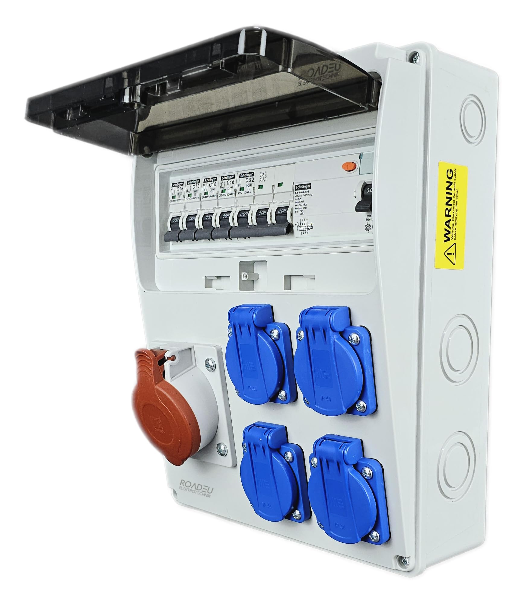 RoadEu- Quadro Elettrico di Distribuzione Industriale, presa CEE 32A con 4 prese Schuko da 230 V. Distributore di presa con interruttore di corrente residuale e interruttore automatico